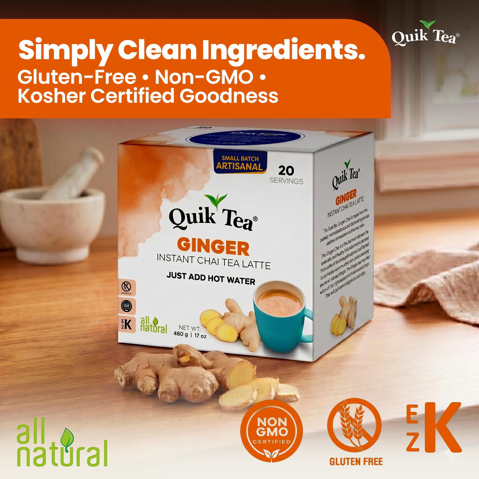 QuikTea Instant Ginger Chai Tea Latte, 20 Single-Serve Sachets, Artisanal Indian Chai Latte Mix, Just Add Hot Water, Low Caffeine, Non-GMO, Gluten