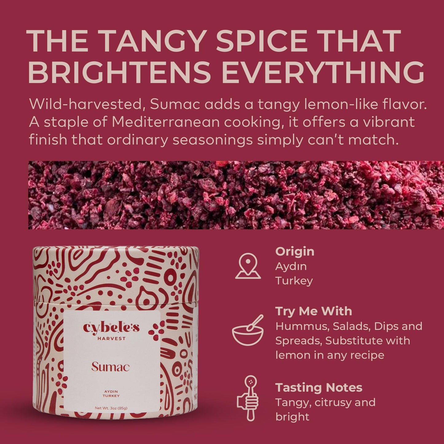 Cybele’s Harvest Ground Sumac 3oz, Turkish Sumac Spice, Tart Middle Eastern Mediterranean Seasoning