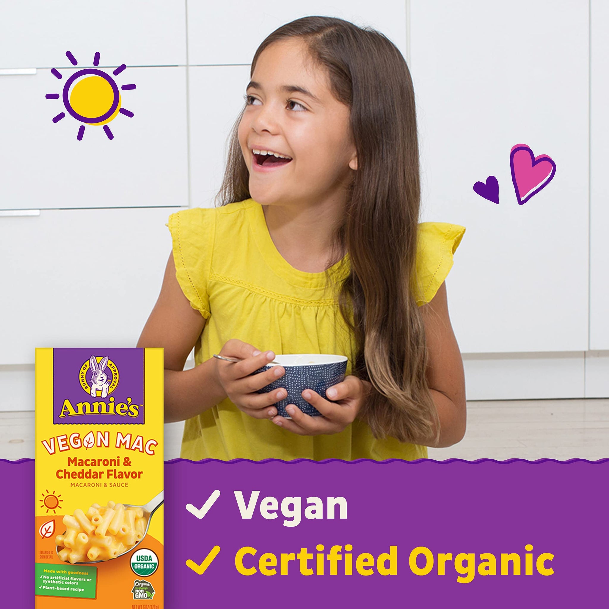 Annie's Vegan Mac and Cheddar Flavor Pasta and Sauce, Organic, Plant Based, Dinner Side or Snacks, 6 oz