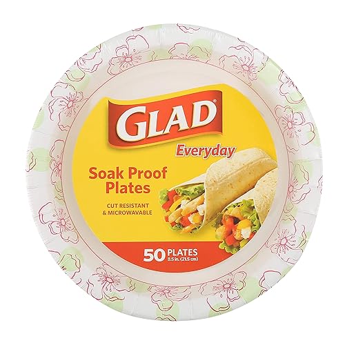 Glad Disposable Paper Plates, Pink Floral Pattern, 8.5 Inch Round, Soak Proof Coating, Microwave Safe, Cut Resistant, Sturdy for Dinner, Parties