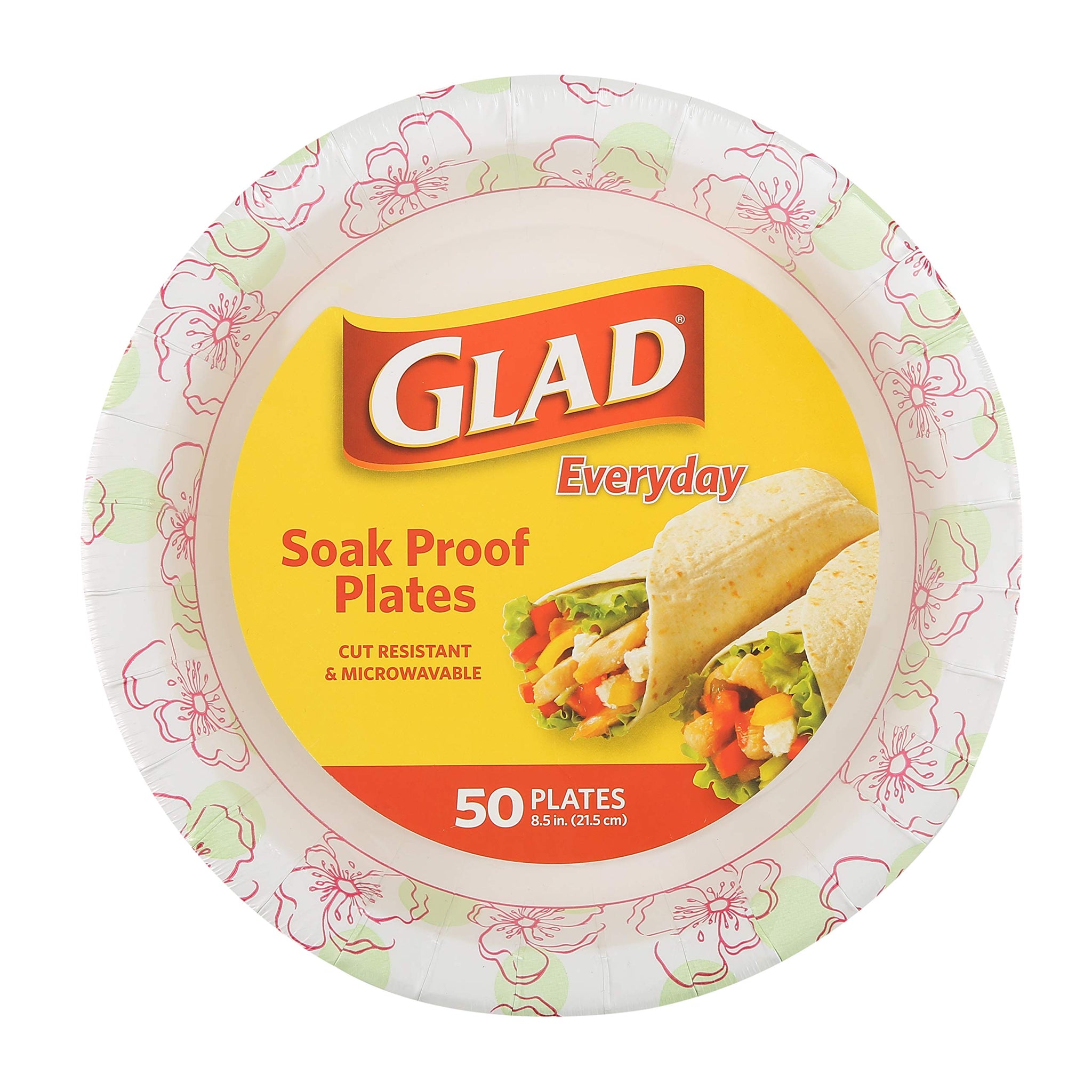 Glad Disposable Paper Plates, Pink Floral Pattern, 8.5 Inch Round, Soak Proof Coating, Microwave Safe, Cut Resistant, Sturdy for Dinner, Parties