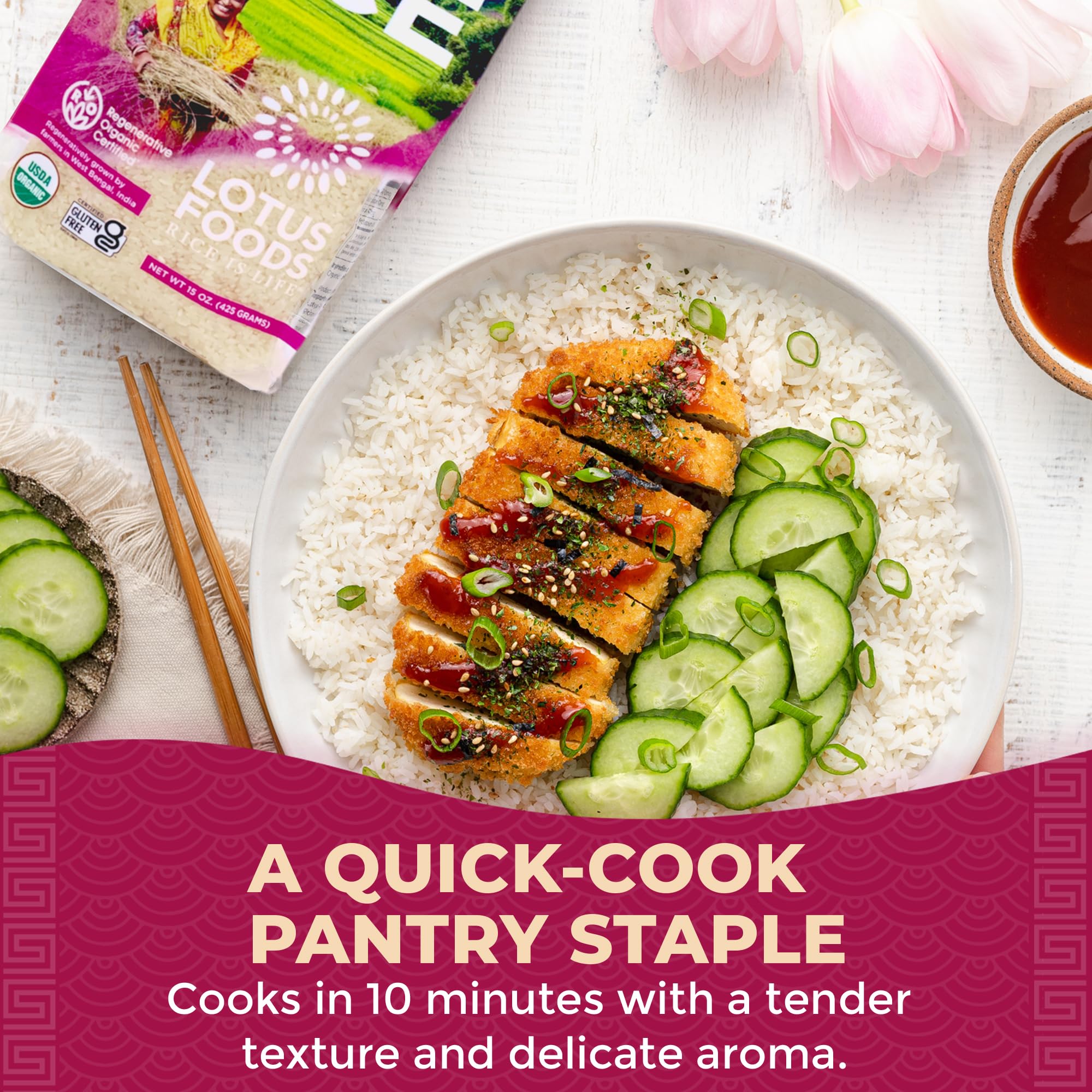 Lotus Foods Organic Baby Basmati Rice - Gluten Free Heirloom White Rice in Bag, Quick 10 min Cook, GF, USDA Organic - 15 Oz Bag
