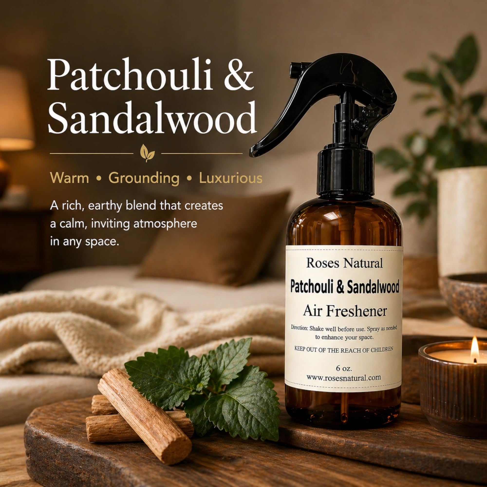 Roses Natural Patchouli & Sandalwood Air Freshener, 6 oz - Essential Oil Room & Linen Spray, Warm Musky Woody Scent, Long-Lasting Home Fragrance, Made