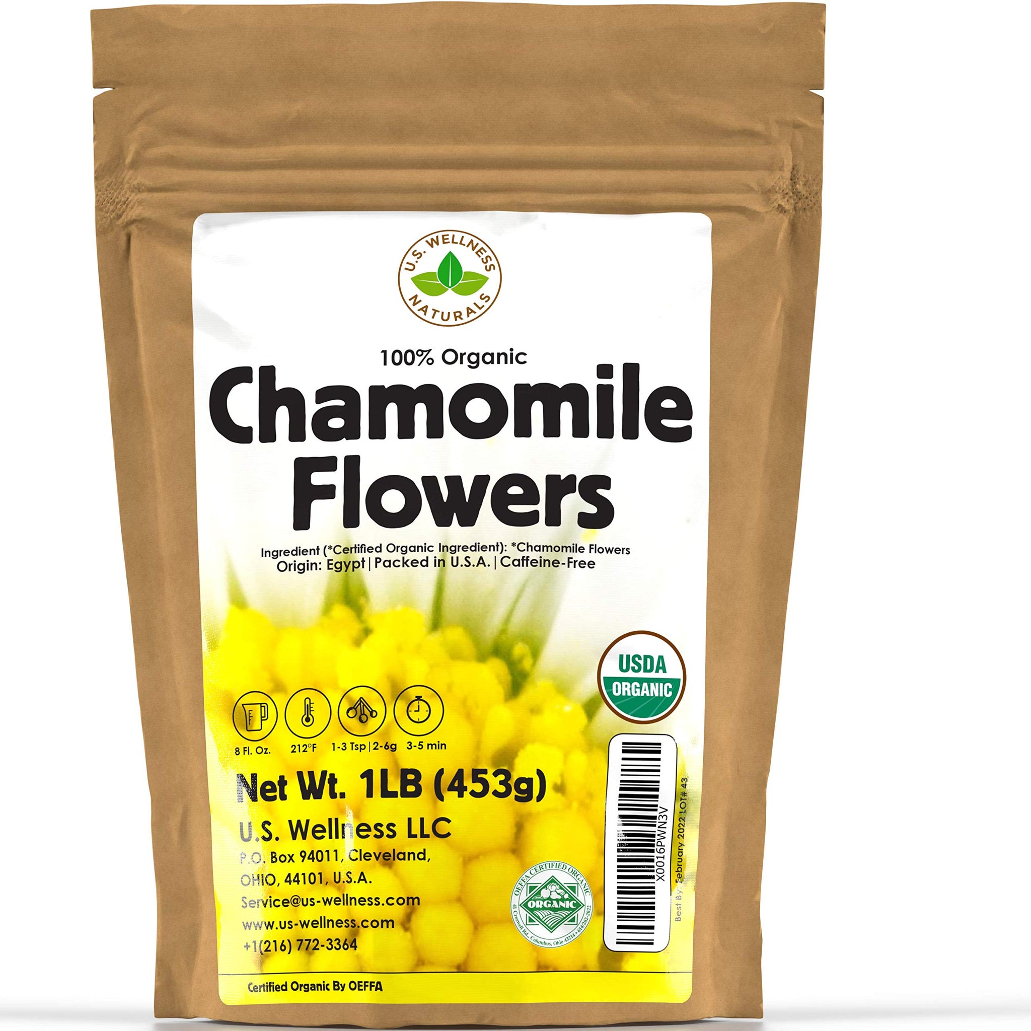 Chamomile Tea 1LB (16Oz) 100% CERTIFIED Organic (USDA seal) Chamomile Flowers Herbal Tea (Matricaria Chamomilla) in 1 lb Bulk BPA-free Resealable Bags