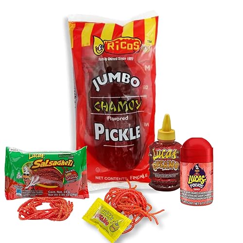 Chamoy Pickle Kit 4 Items - Deluxe Chamoy Pickle Set with Ricos Pickle, Lucas Skwinkles Salsagheti Mexican Candy Strings, Chamoy Powder & Sauce, Lucas