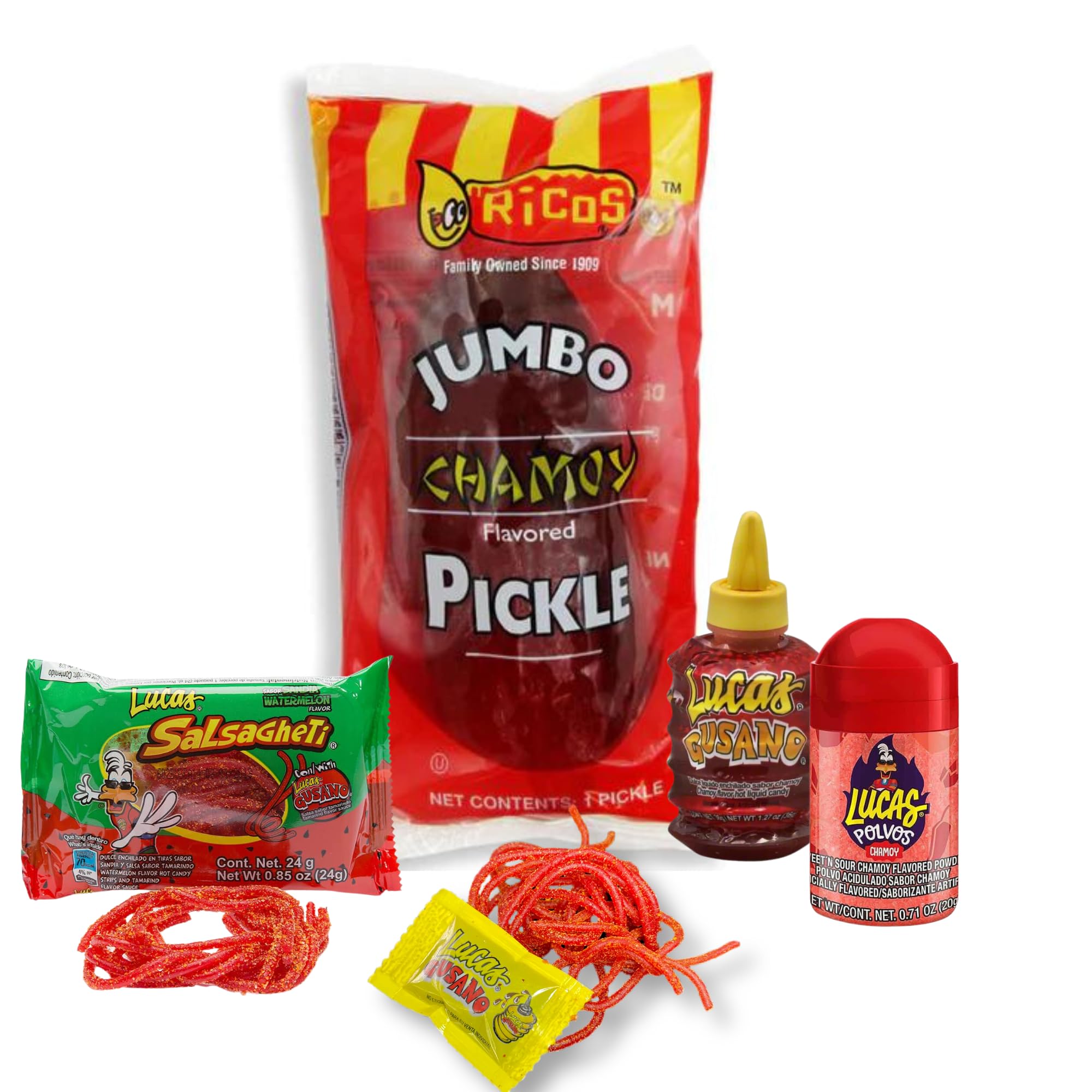 Chamoy Pickle Kit 4 Items - Deluxe Chamoy Pickle Set with Ricos Pickle, Lucas Skwinkles Salsagheti Mexican Candy Strings, Chamoy Powder & Sauce, Lucas