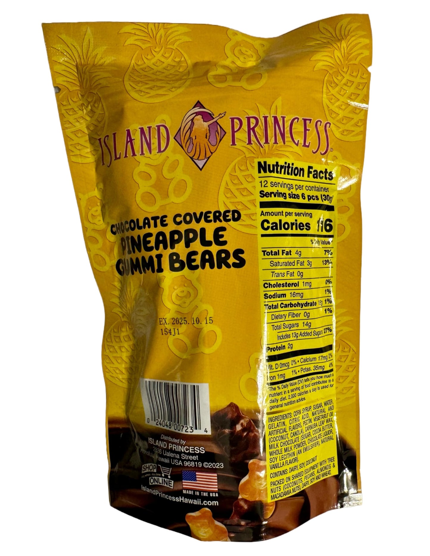 Island Princess Chocolate Covered Pineapple Gummi Bears 12 Ounce
