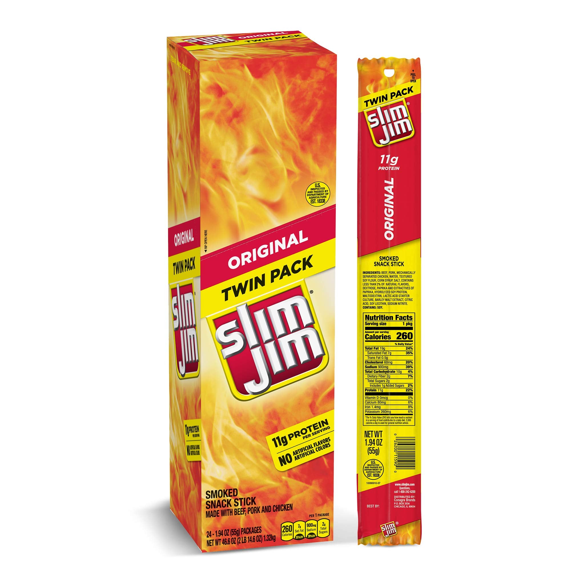 Slim Jim Smoked Meat Sticks, Original Flavor, 6g Protein Per Stick, Twin Pack, 1.94 oz. (24 Count)