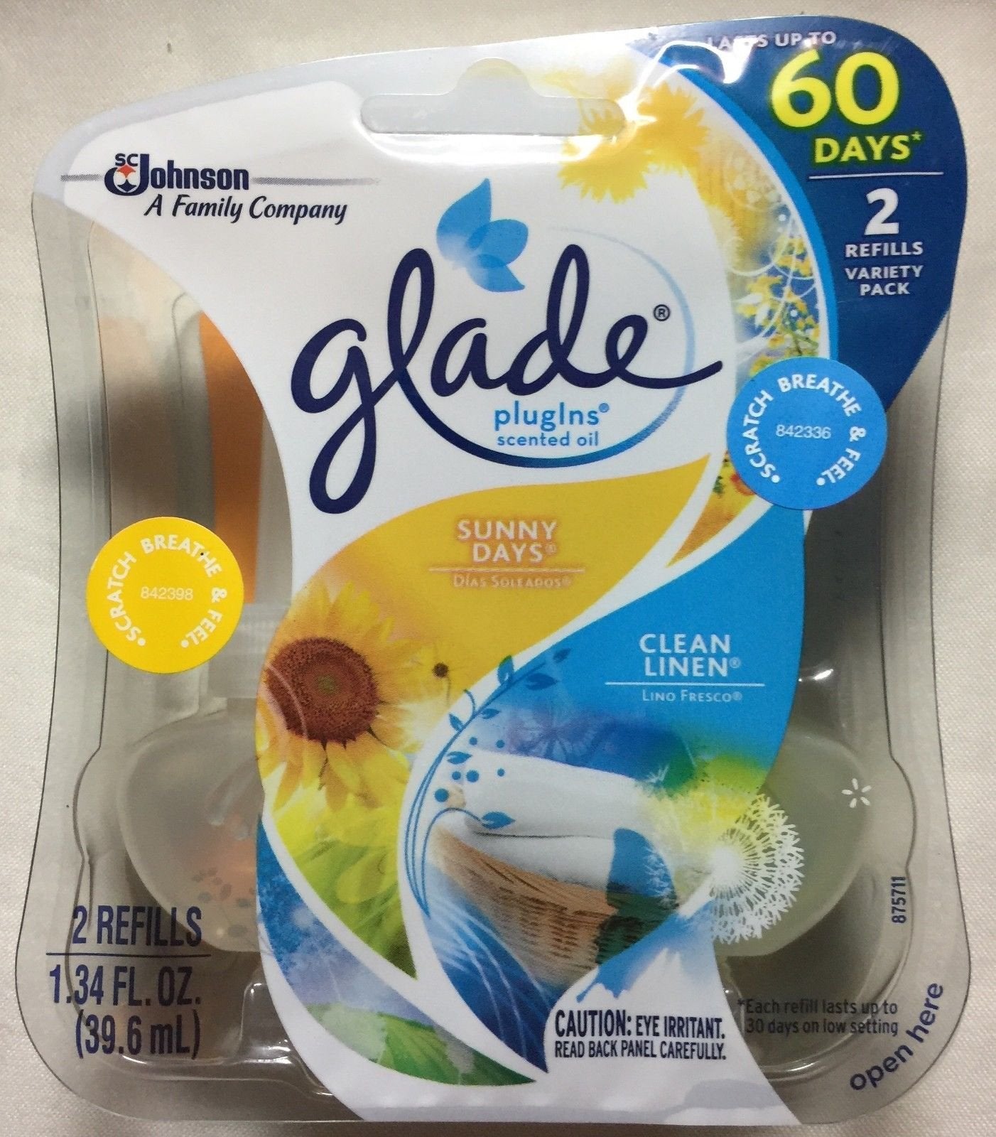4 GLADE PLUGINS SCENTED OIL REFILLS 2 CLEAN LINEN / 2 SUNNY DAYS SEALED PACKS