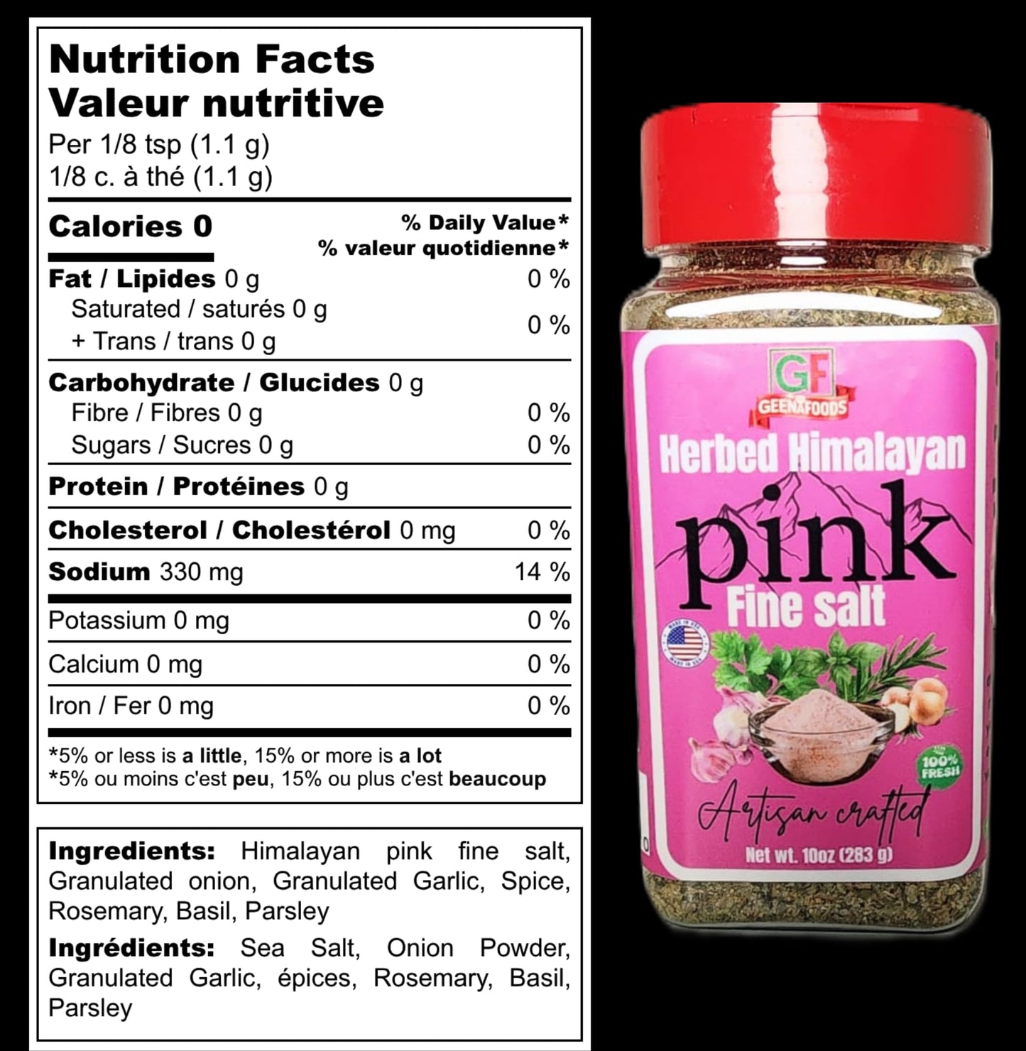 Geenafoods Herbed Himalayan Pink Fine Salt, Artisan Crafted with Garlic, Onion, Rosemary, Basil, Parsley, 10oz more ,Gourmet .| All quality | Non GMO