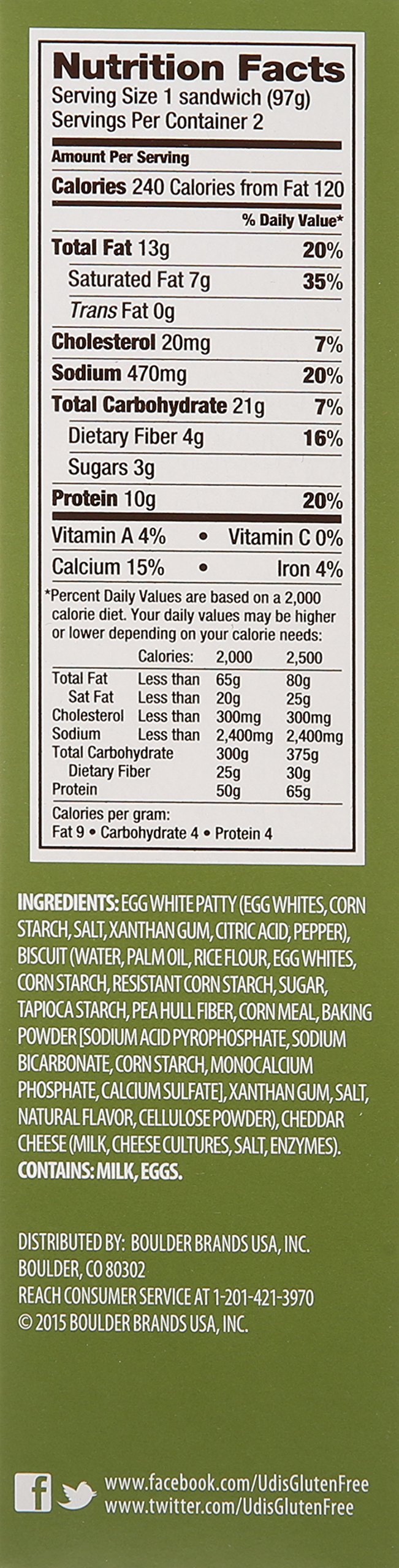 Udi's Gluten Free Breakfast Sandwich, Egg White and Cheddar, 2 ct (frozen)