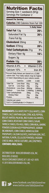 Udi's Gluten Free Breakfast Sandwich, Egg White and Cheddar, 2 ct (frozen)