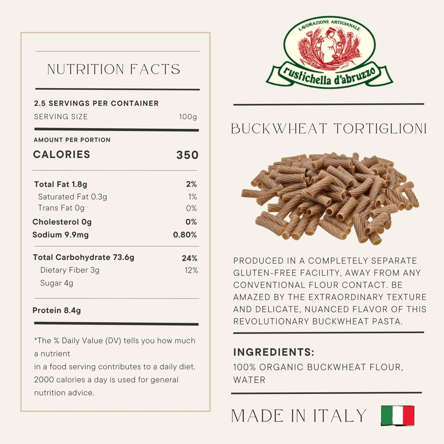 Rustichella d'Abruzzo Organic Buckwheat Tortiglioni, Grano Saraceno, Gluten-Free Pasta with Distinct Flavor, Artisan from Italy, 8.8 oz