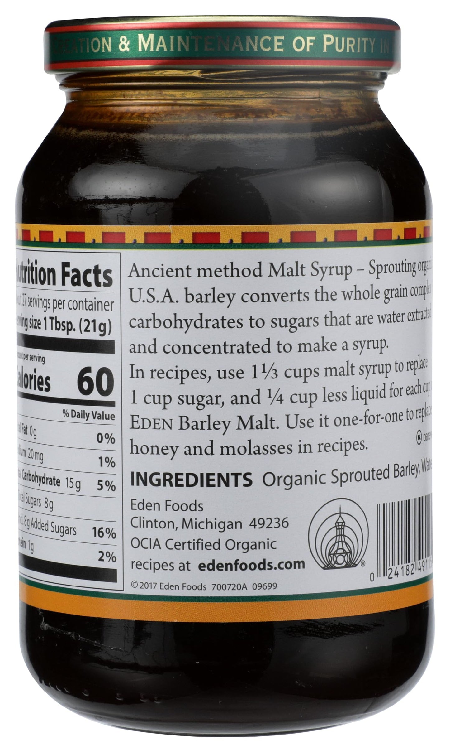 Eden Organic Traditional Barley Malt Syrup, Whole Grain Liquid Sweetener, 74.5% Maltose, Non-Diastatic, Perfect for Bagels, Non-GMO, 20 oz Glass Jar