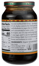 Eden Organic Traditional Barley Malt Syrup, Whole Grain Liquid Sweetener, 74.5% Maltose, Non-Diastatic, Perfect for Bagels, Non-GMO, 20 oz Glass Jar