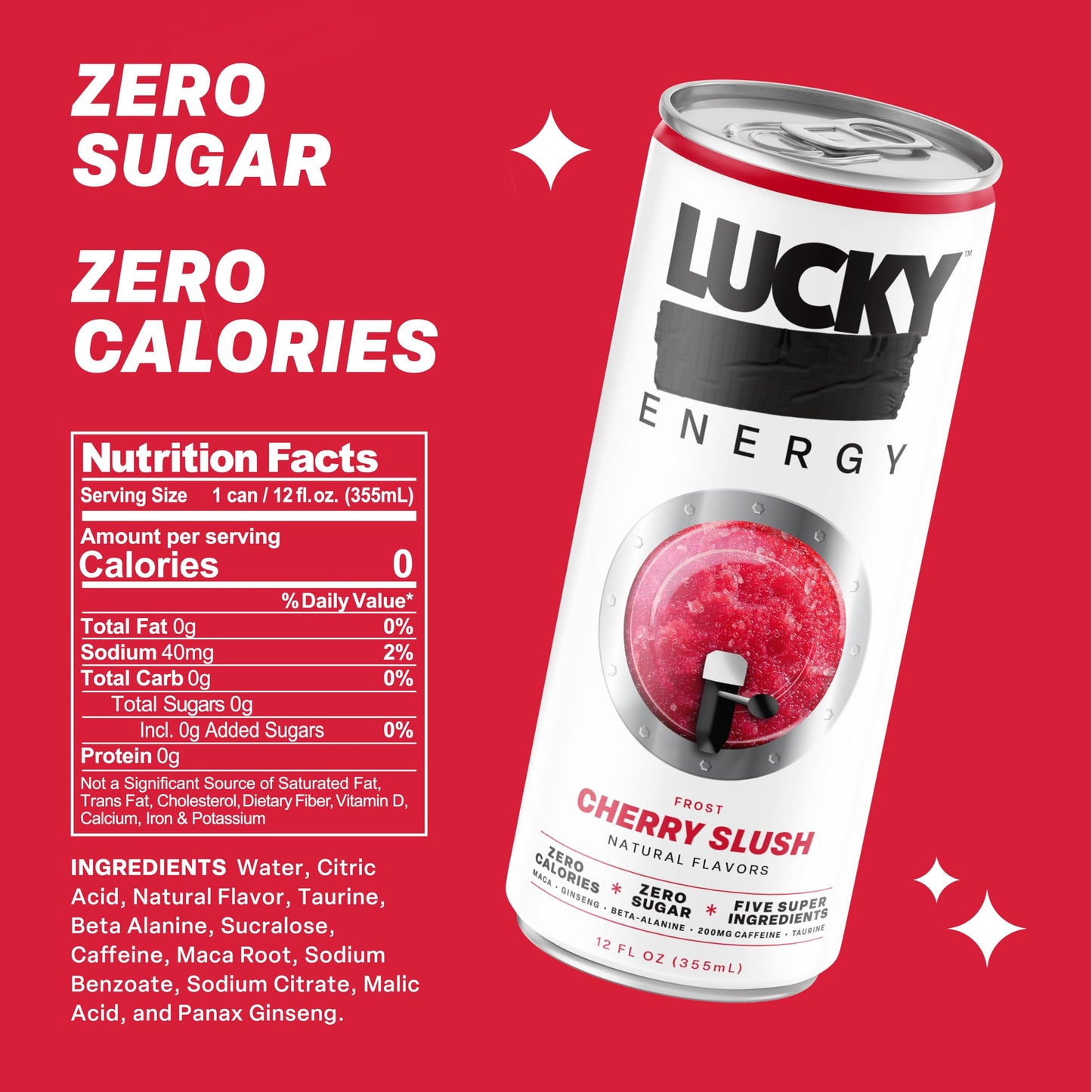 Lucky Energy Drink Variety Pack - Slush Series (Cherry, Blue Razz, Strawberry) - Zero Sugar, 0 Calorie Performance Beverage with 200mg Caffeine, Maca