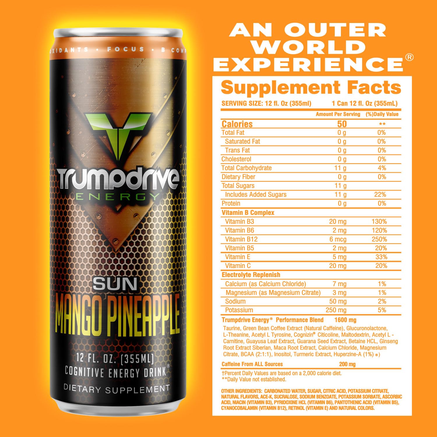 TRUMPDRIVE ENERGY Cognitive Energy Drink Nootropic Formula, Sun Mango Pineapple 12 Fl Oz (Pack of 12) 200mg Natural Caffeine, Fueling Mind Over