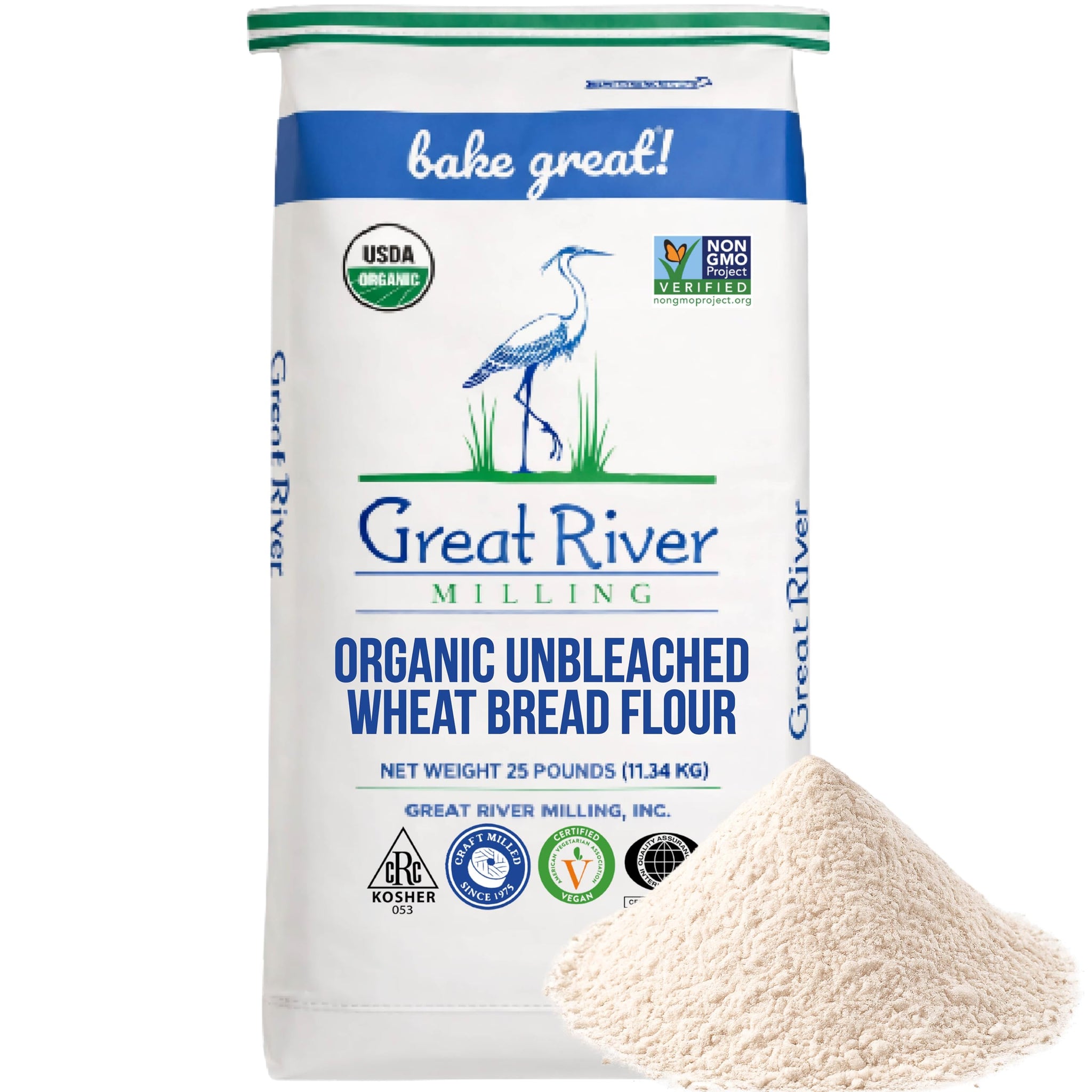 Great River Milling Organic Unbleached Wheat Bread Flour | Artisan Bread Flour for Baking | Multi-Purpose Wheat, Unbromated, Non-GMO, Kosher | 25 Lb