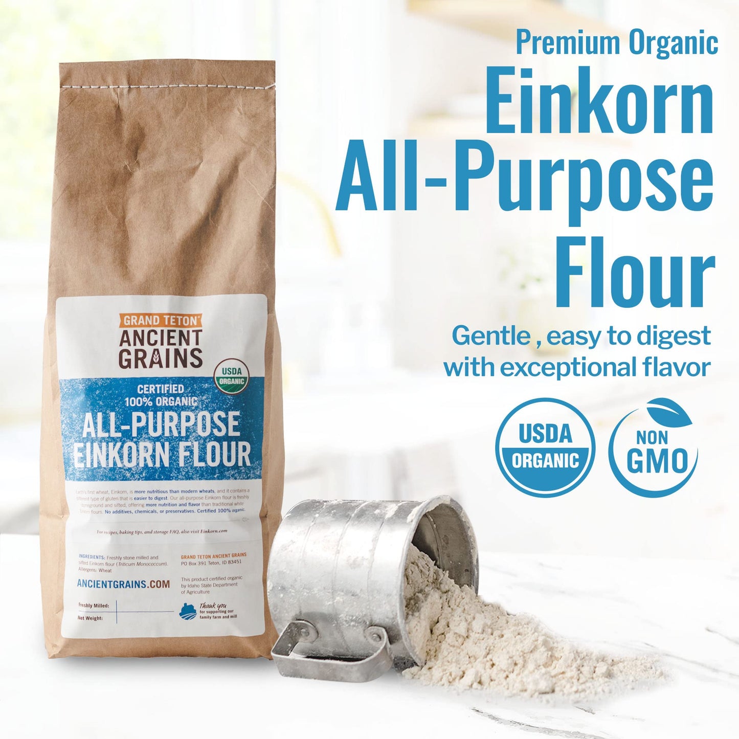 Grand Teton Ancient Grains - 100% Organic All-Purpose Einkorn Flour, Einkorn Flour Organic & Non-GMO, Einkorn Flour, Rich in Vitamins & Minerals