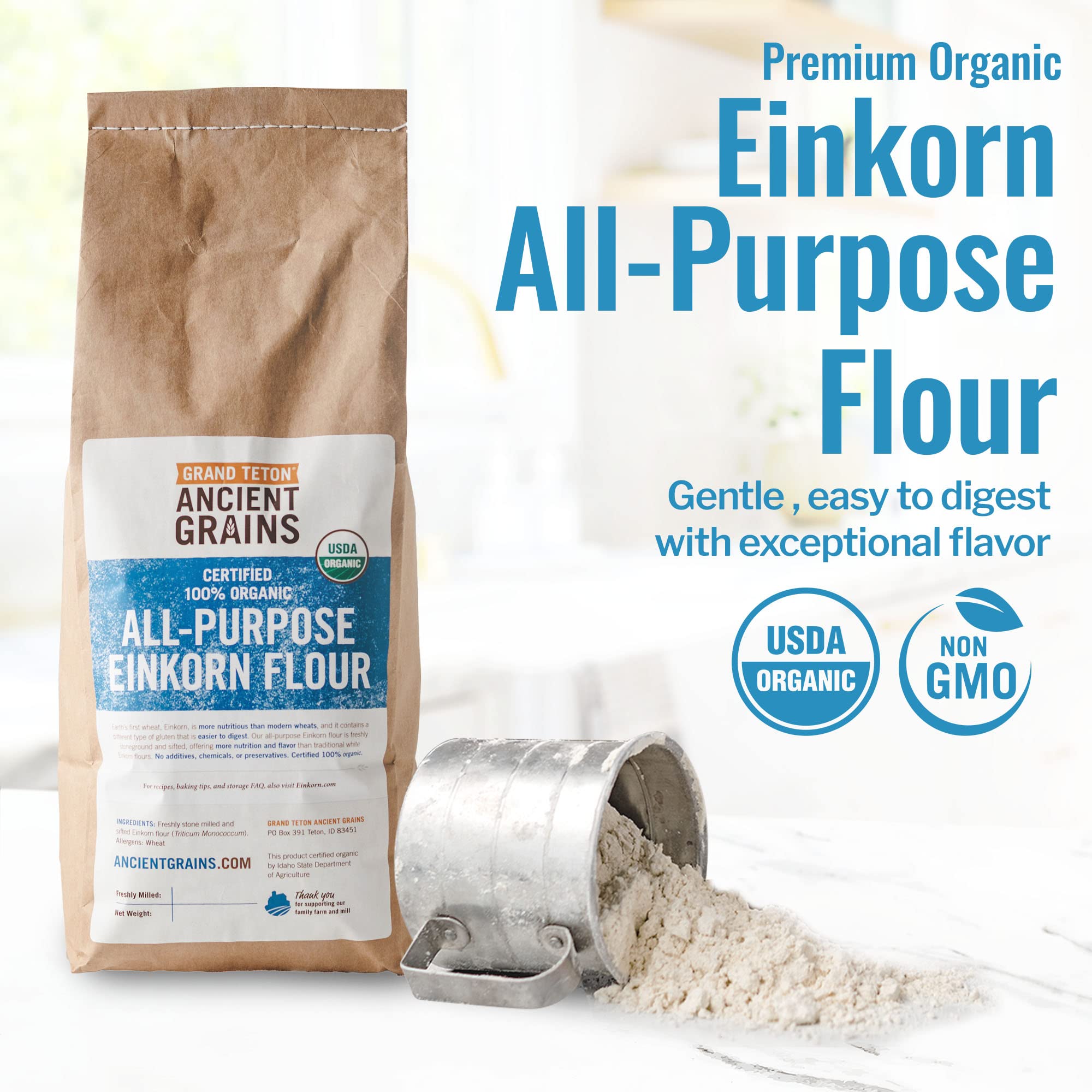 Grand Teton Ancient Grains - 100% Organic All-Purpose Einkorn Flour, Einkorn Flour Organic & Non-GMO, Einkorn Flour, Rich in Vitamins & Minerals