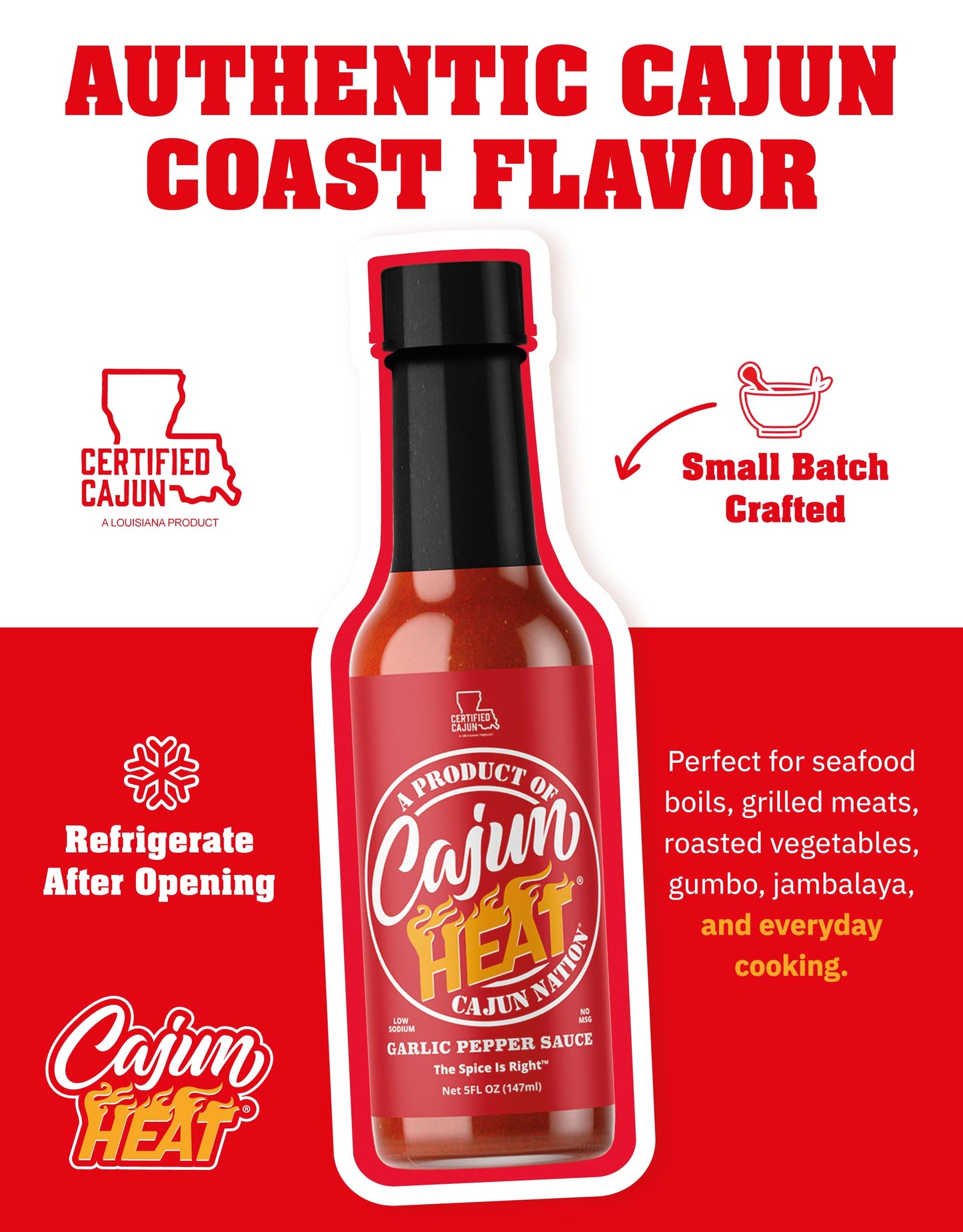 Cajun Nation CAJUN HEAT Garlic Pepper Sauce 5oz - Spicy Garlic Hot Sauce with No MSG - Authentic Louisiana Style Heat from the Cajun Coast - Low