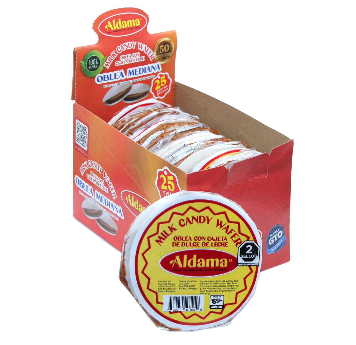 Aldama Milk Candy Wafer, Oblea Mediana with Cajeta de Leche, 100% Natural, 44 oz, 25 Pieces