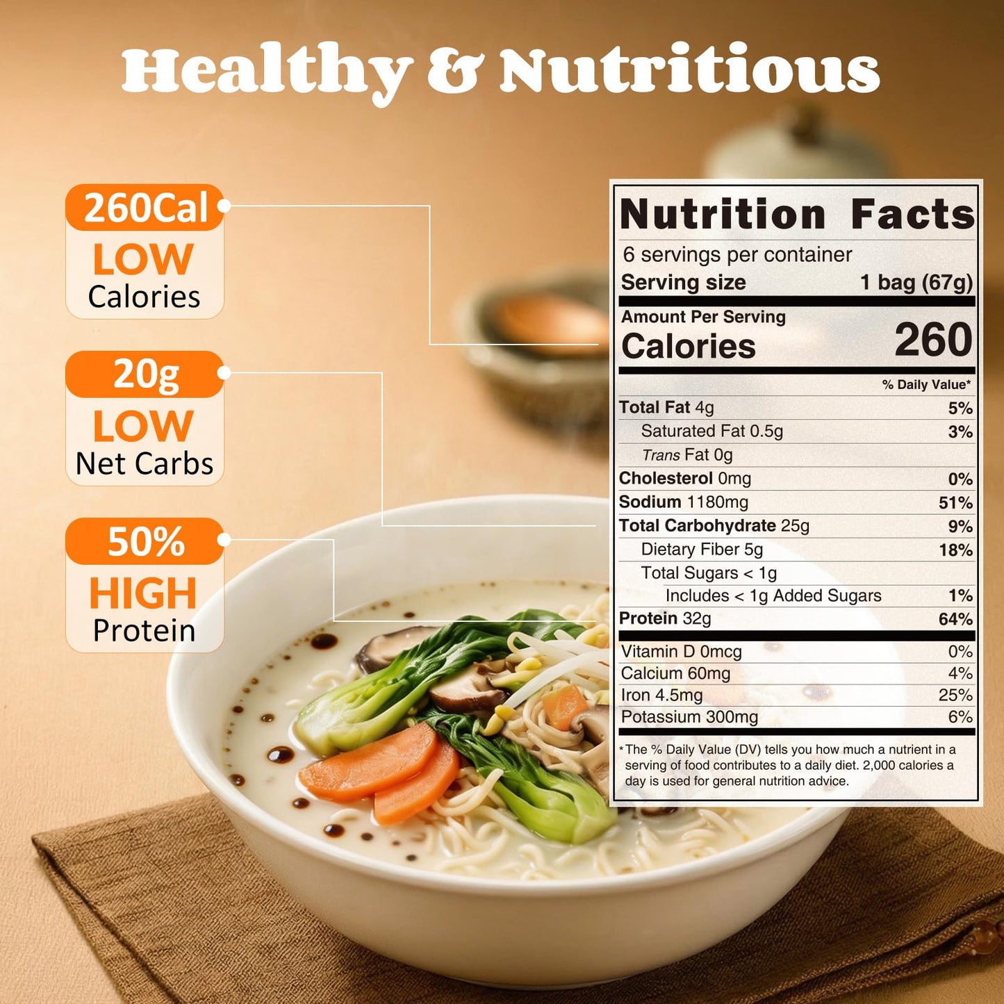 HealSpot High Protein Instant Ramen, 6 Pack Non Fried Ramen Broth, 32g Plant Based Protein, Low Fat, Low Carb, Non GMO, Keto Friendly Plant Based