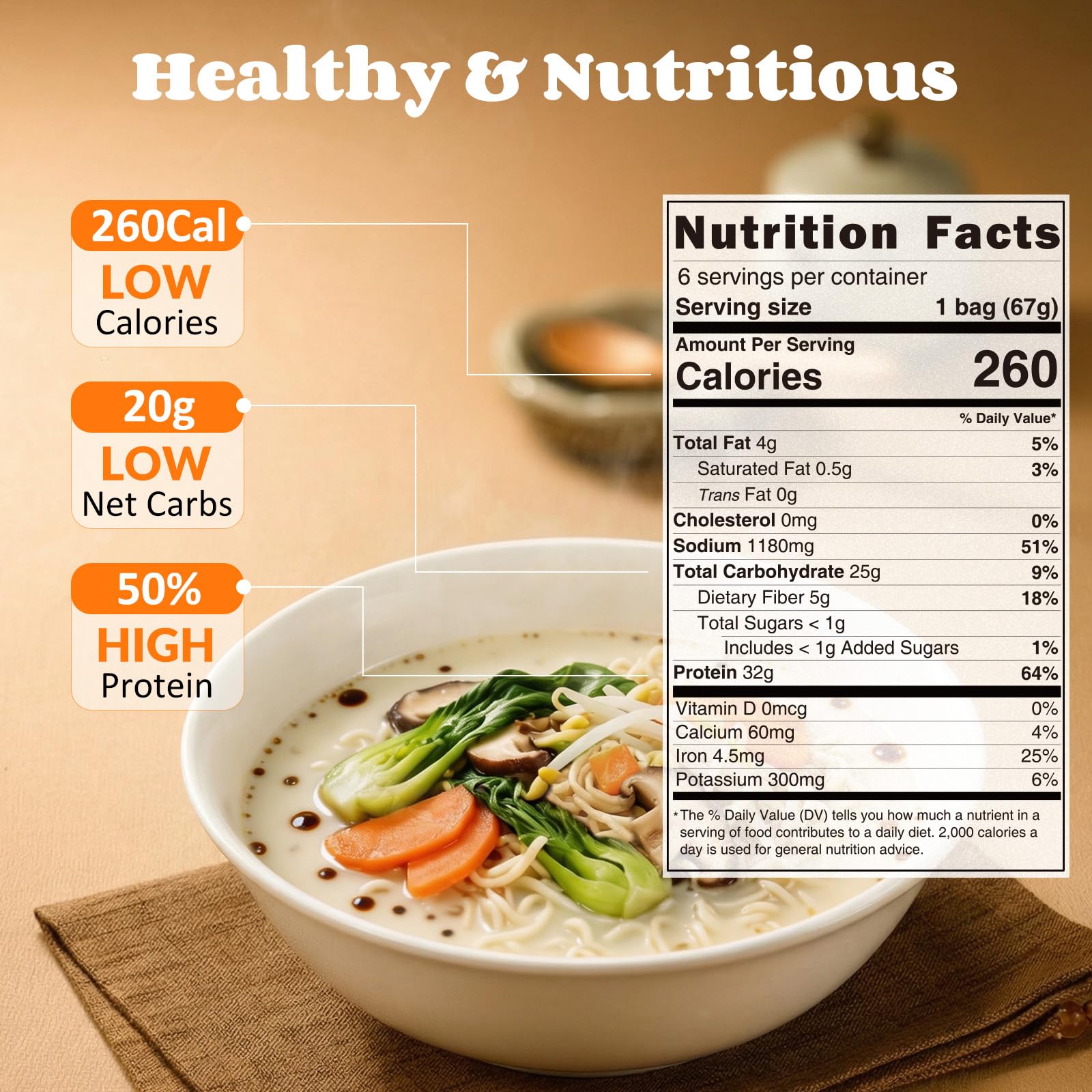 HealSpot High Protein Instant Ramen, 6 Pack Non Fried Ramen Broth, 32g Plant Based Protein, Low Fat, Low Carb, Non GMO, Keto Friendly Plant Based