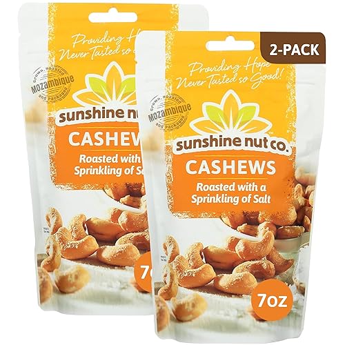 Sunshine Nut Company Whole Roasted Lightly Salted Cashews, Sprinkling of Salt Flavor, 2 Pack, 7 oz. Each, Gluten Free, Peanut Free and Vegan