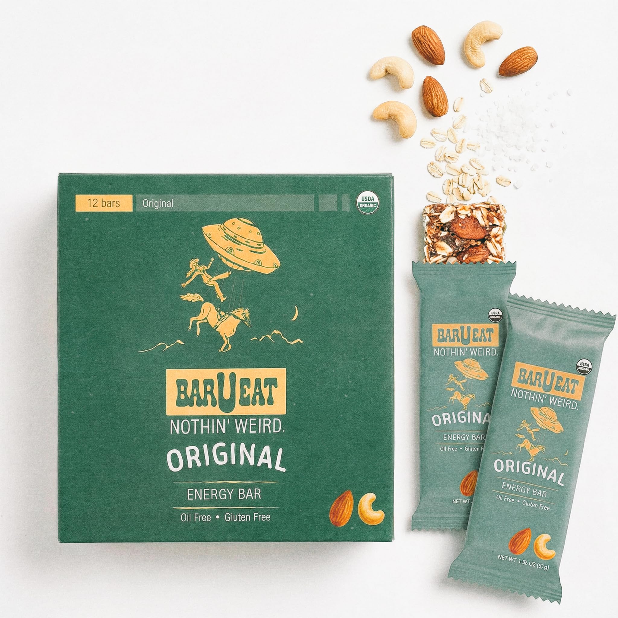 BAR-U-EAT Gluten-Free, Organic, Soft & Chewy Granola Bar. Whole Food Ingredients | Compostable Packaging | No Articial Sugar (Original 12 Pack)