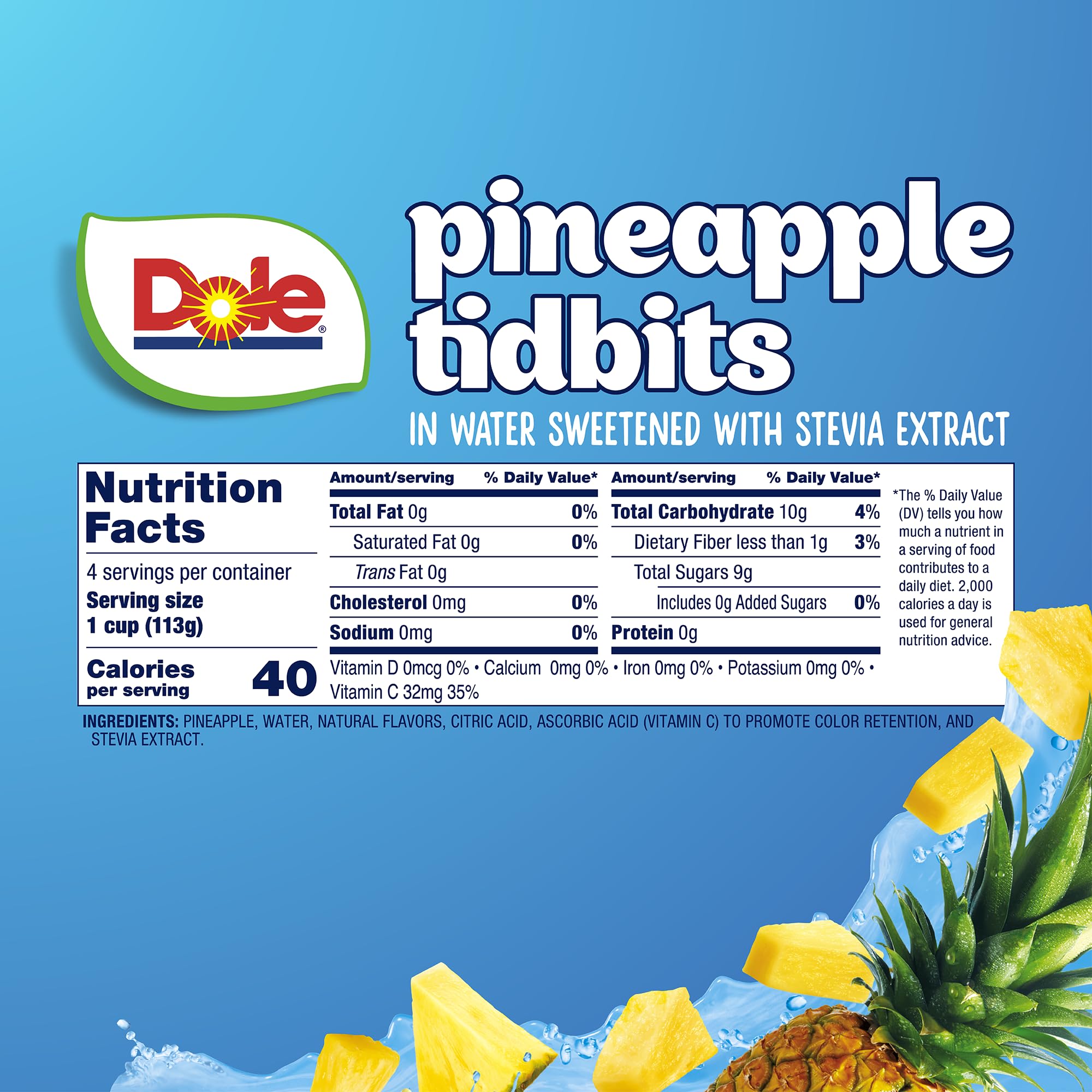 Dole Pineapple Tidbits with No Sugar Added† - Dole Fruit Bowls Snacks - 4 oz Fruit Bowls - 4 Pack