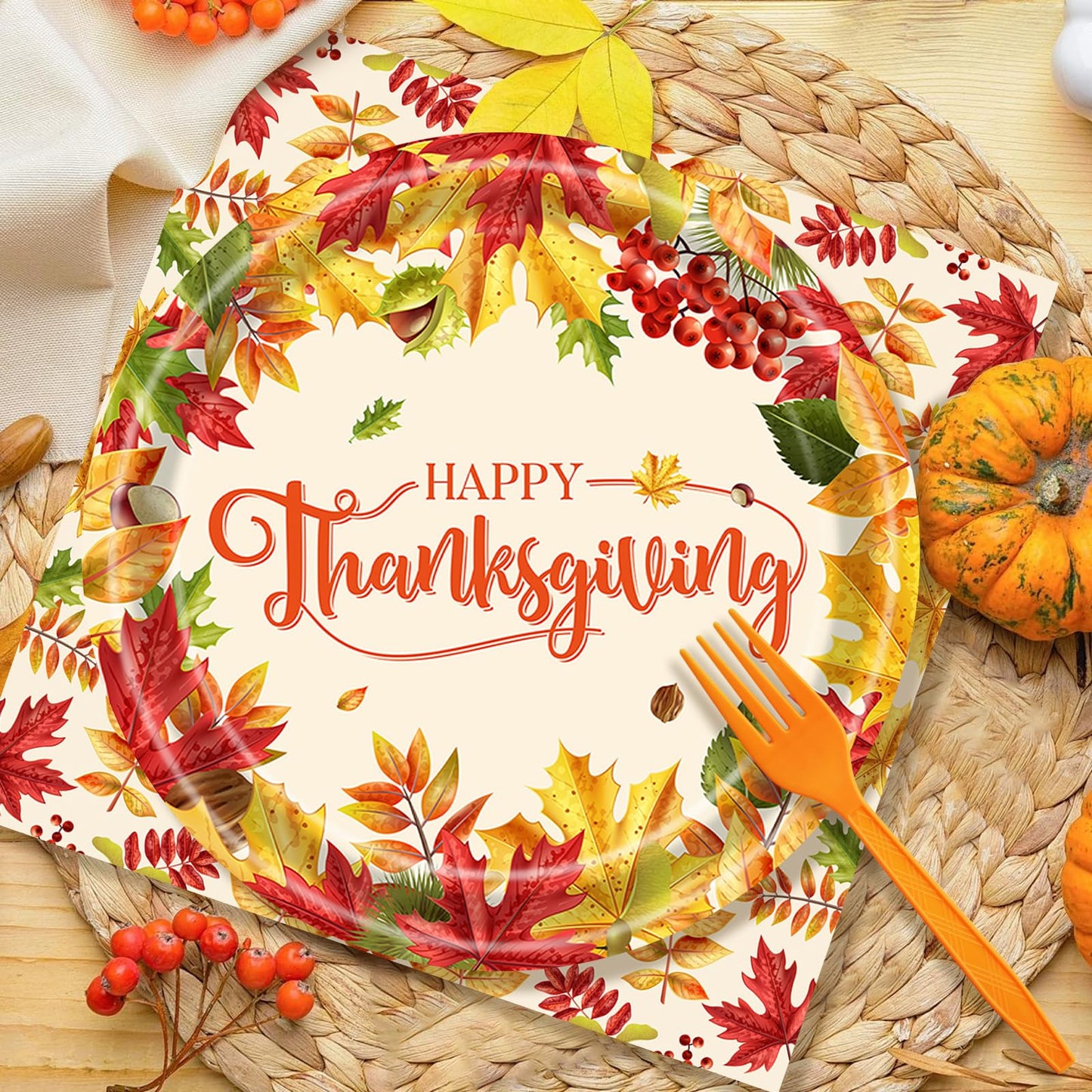 96 Pieces Fall Leaves Thanksgiving Tableware Set - Autumn-Themed Disposable Party Supplies with Paper Plates, Napkins, and Forks for Thanksgiving