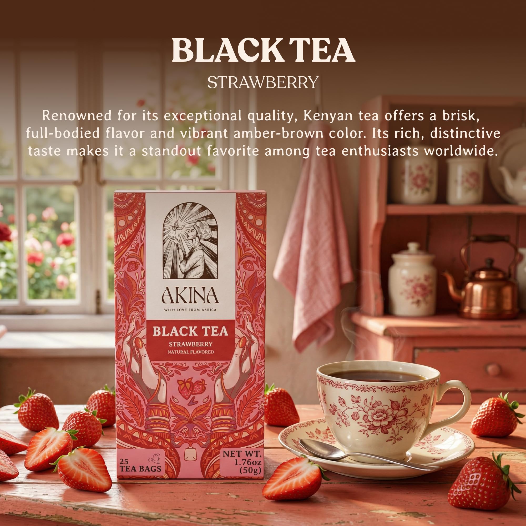 AKINA - Strawberry Flavored Black Tea Bags, Individually Wrapped, Fruity String and Tag Kenyan Strawberry Tea Bags, Sweet with Uplifting Aroma (Box