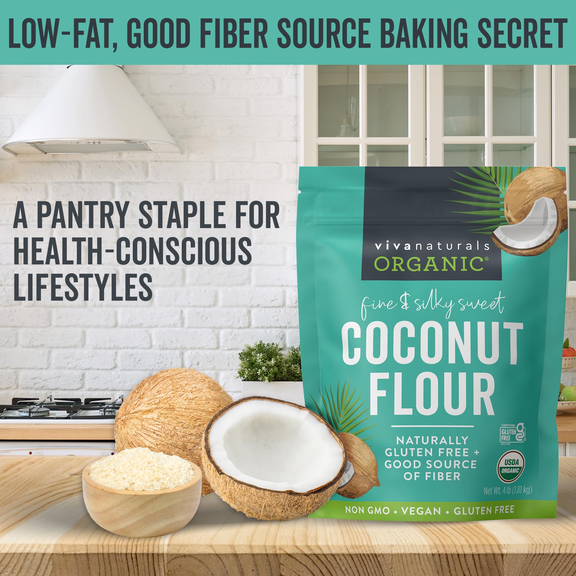 Viva Naturals Organic Coconut Flour, 4 lbs (1.81 kg) - Gluten Free Flour for Keto, Paleo & Vegan Baking, Good Source of Fiber, Low Fat, Non-GMO