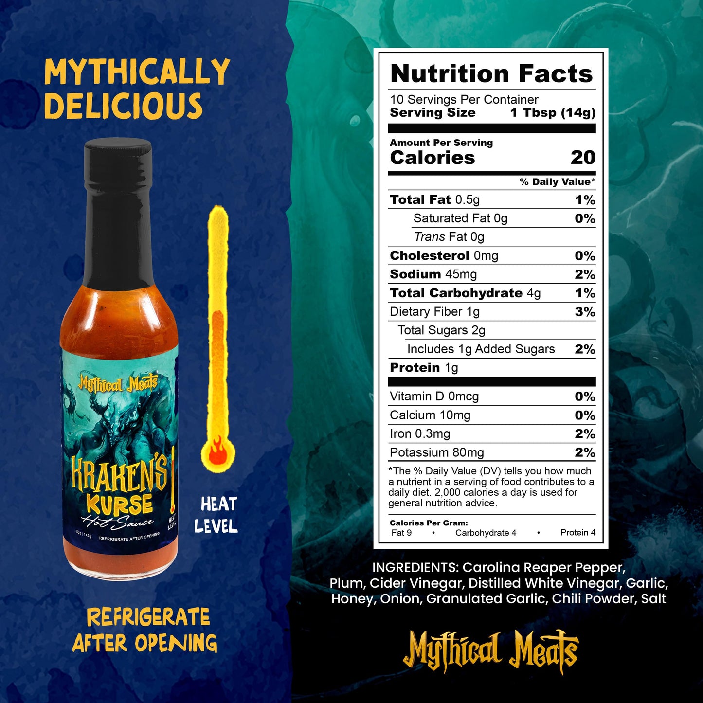 Mythical Meats Kraken's Kurse Hot Sauce - Carolina Reaper & Plum, Gluten Free, Non GMO, 8/10 Heat