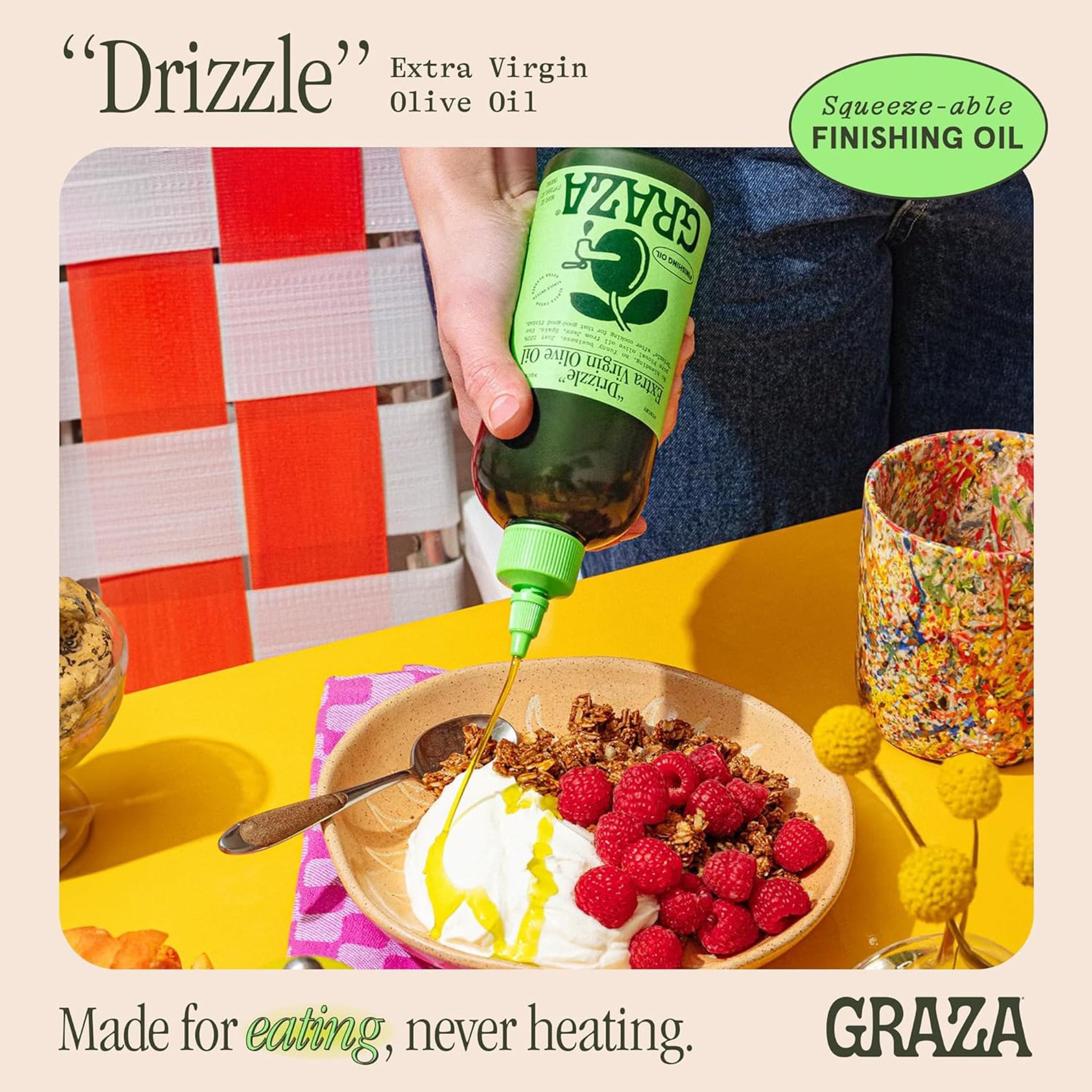 Graza Drizzle Extra Virgin Olive Oil, Finishing Oil - High Polyphenol Early Harvest EVOO Finishing Oil in a Squeeze Bottle - Single Farm Olives from