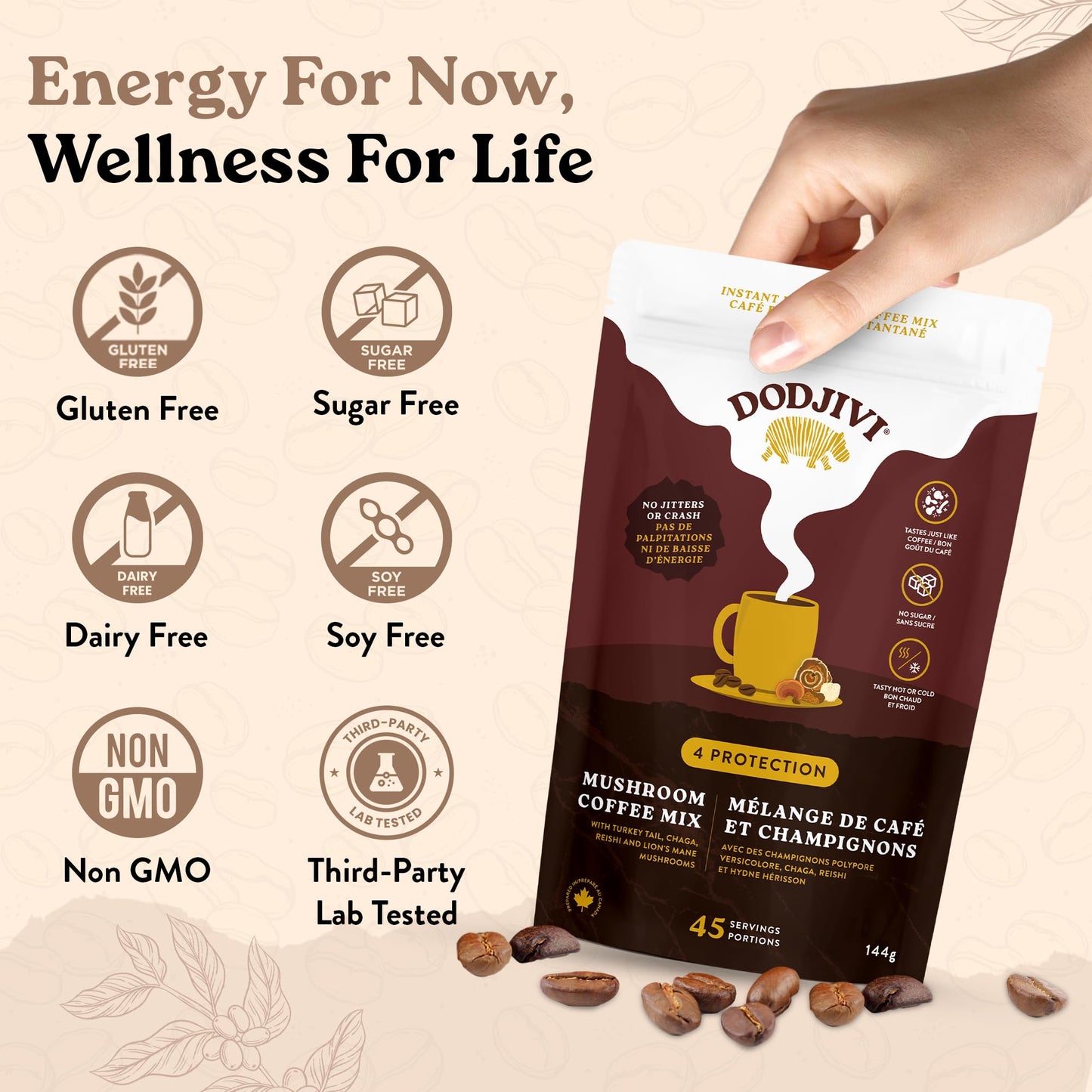 Dodjivi Organic Mushroom Coffee Instant Packets, Arabica Coffee Powder with Reishi mushroom, Lion's mane, Chaga,Turkey Tail for Better Focus, Energy