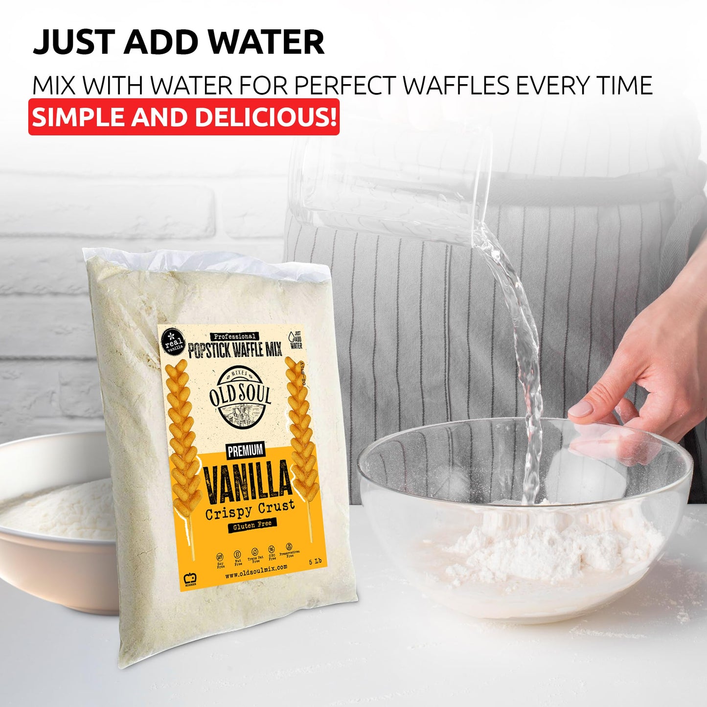 OldSoul Professional Popstick Waffle Mix | Stick Waffles Dough Mix | 30 Lbs | Vanilla Flavor | 672 Waffles (30 Lbs, Gluten Free)