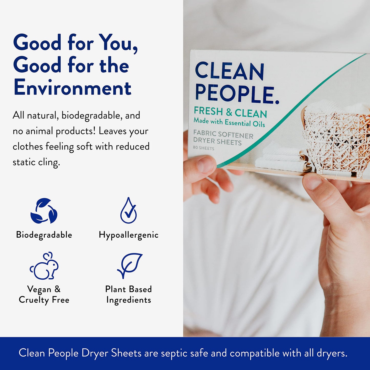 The Clean People Fabric Softener Sheets - Dryer Sheets - Softens & Removes Static Cling - Vegan Laundry Softener With Essential Oils - Fresh Scent