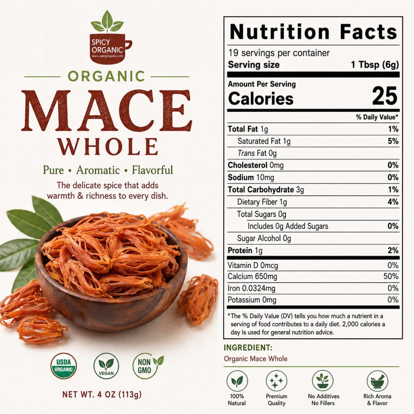 SPICY ORGANIC Mace Whole (Javantri) - 16 oz (454 g), USDA Certified Organic Mace Spice, 100% Raw, Non-GMO, Vegan, Gluten-Free - Enhance Dishes