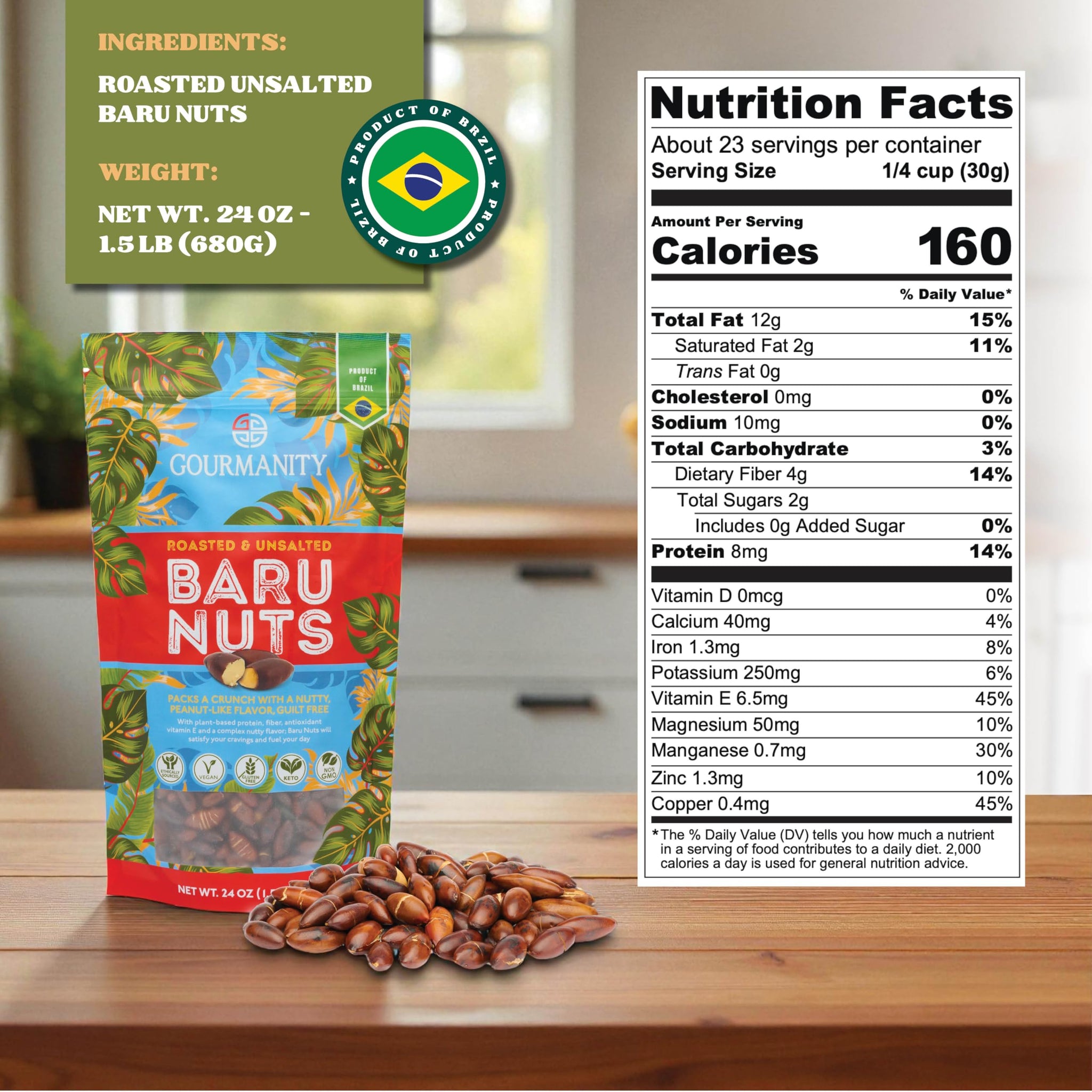 Gourmanity Brazilian Baru Nuts, 1.5 LB, Complex Nutty Flavor, High in Protein, Vitamin E and Omega 6 & 9, Roasted and Unsalted