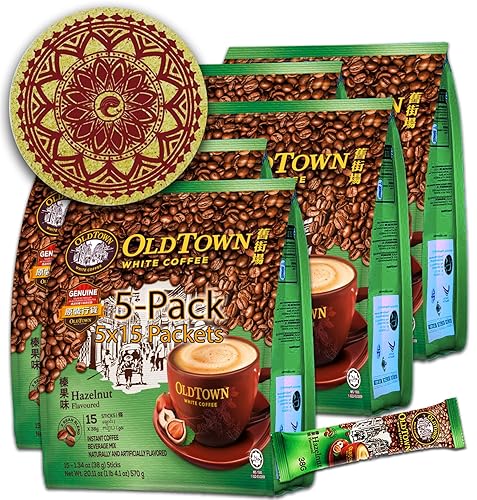 5-Pack OLDTOWN White Coffee 3 in 1 Asian Instant Coffee Package with a Cork Coaster, old town White Coffee 75 Packets with a Random Flavor Sample