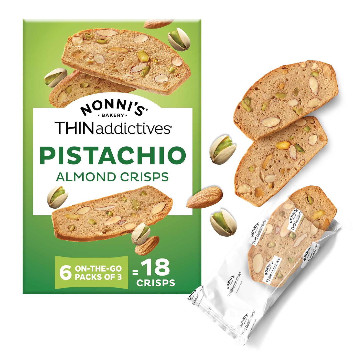 Nonni's THINaddictives Almond Thin Cookies, Pistachio Almond Biscotti, Sweet Crunchy & Chewy, Individually Wrapped, Kosher Snack, Perfect with Coffee