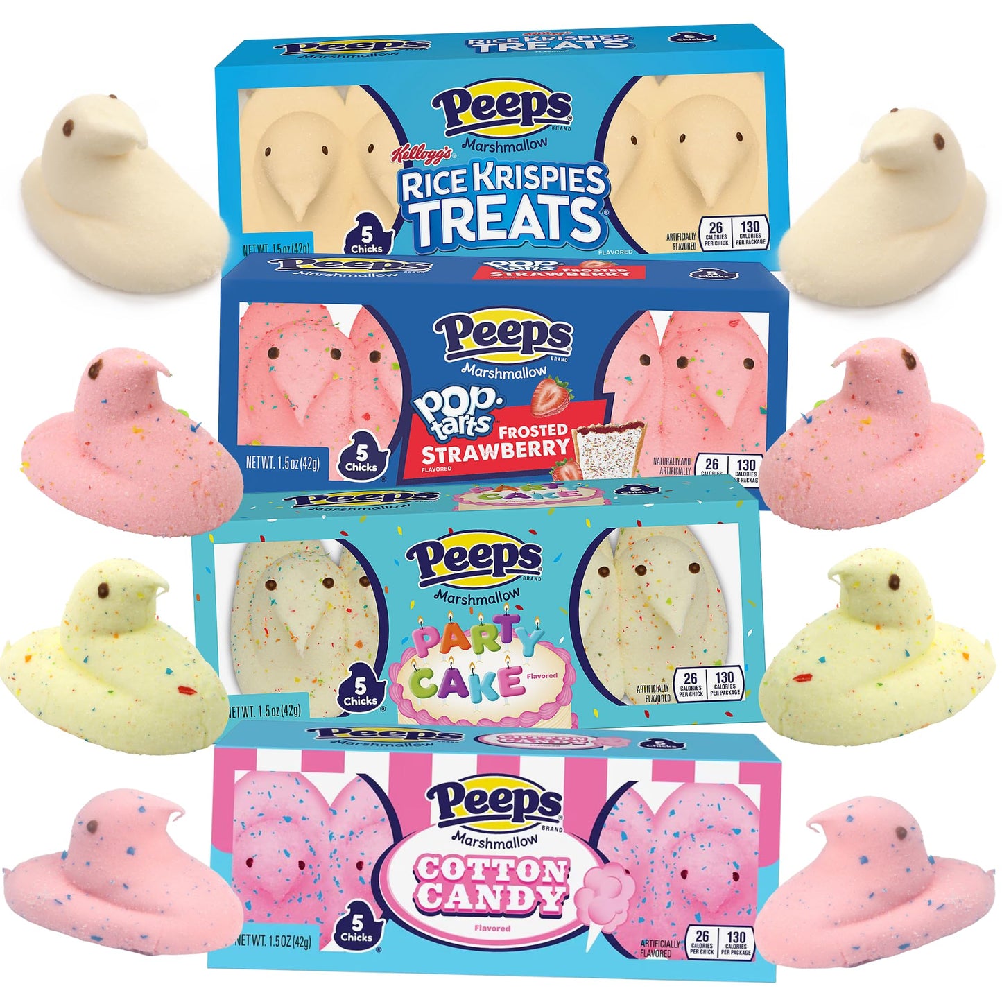 Dessert Peeps Marshmallows Assortment, Cotton Candy, Rice Krispies, Party Cake, and Strawberry Flavors, Easter Basket Stuffer Candy, 5 Count Sleeves