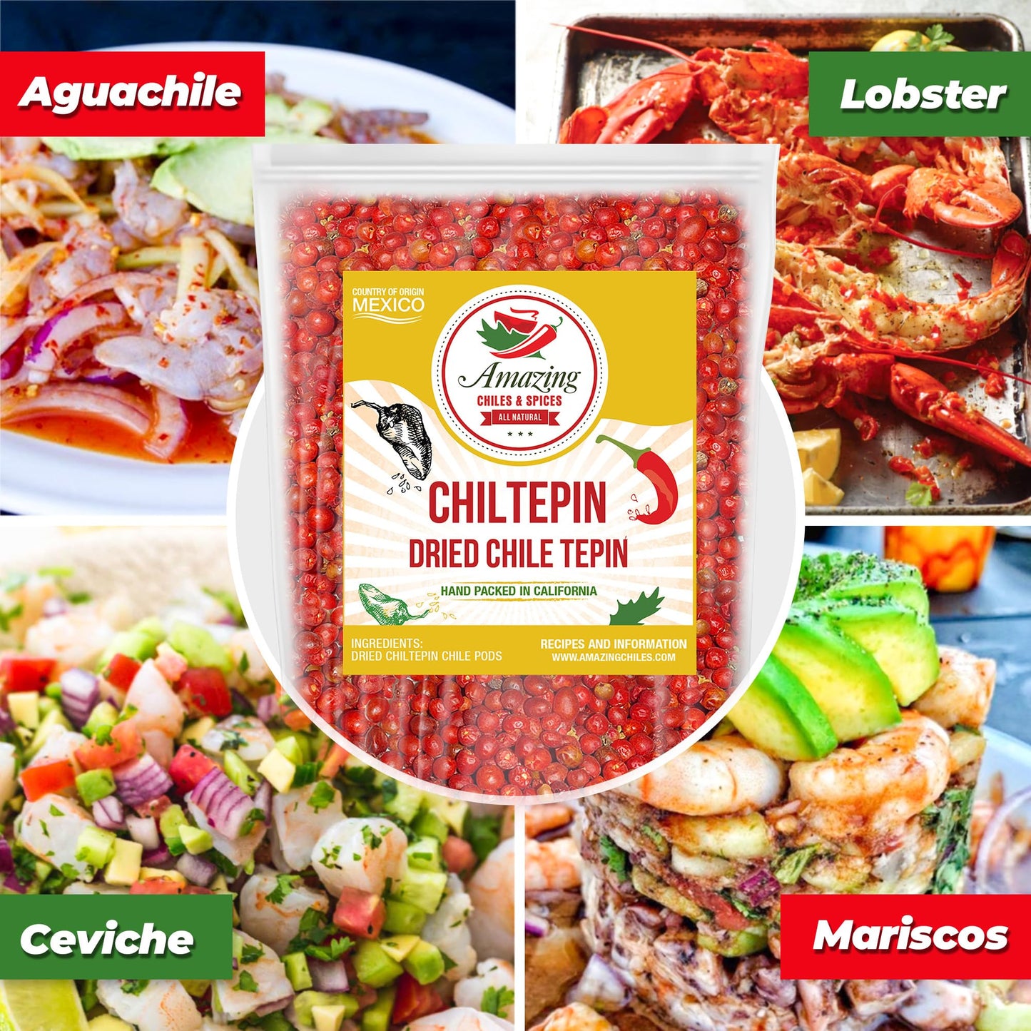 Dried Chiltepin Peppers (Chile Tepin) - 1oz Bag - Great For Use with Seafood, Sauces, Stews, Salsa, Meats. Very Hot with a Smoky Flavor. Air Tight