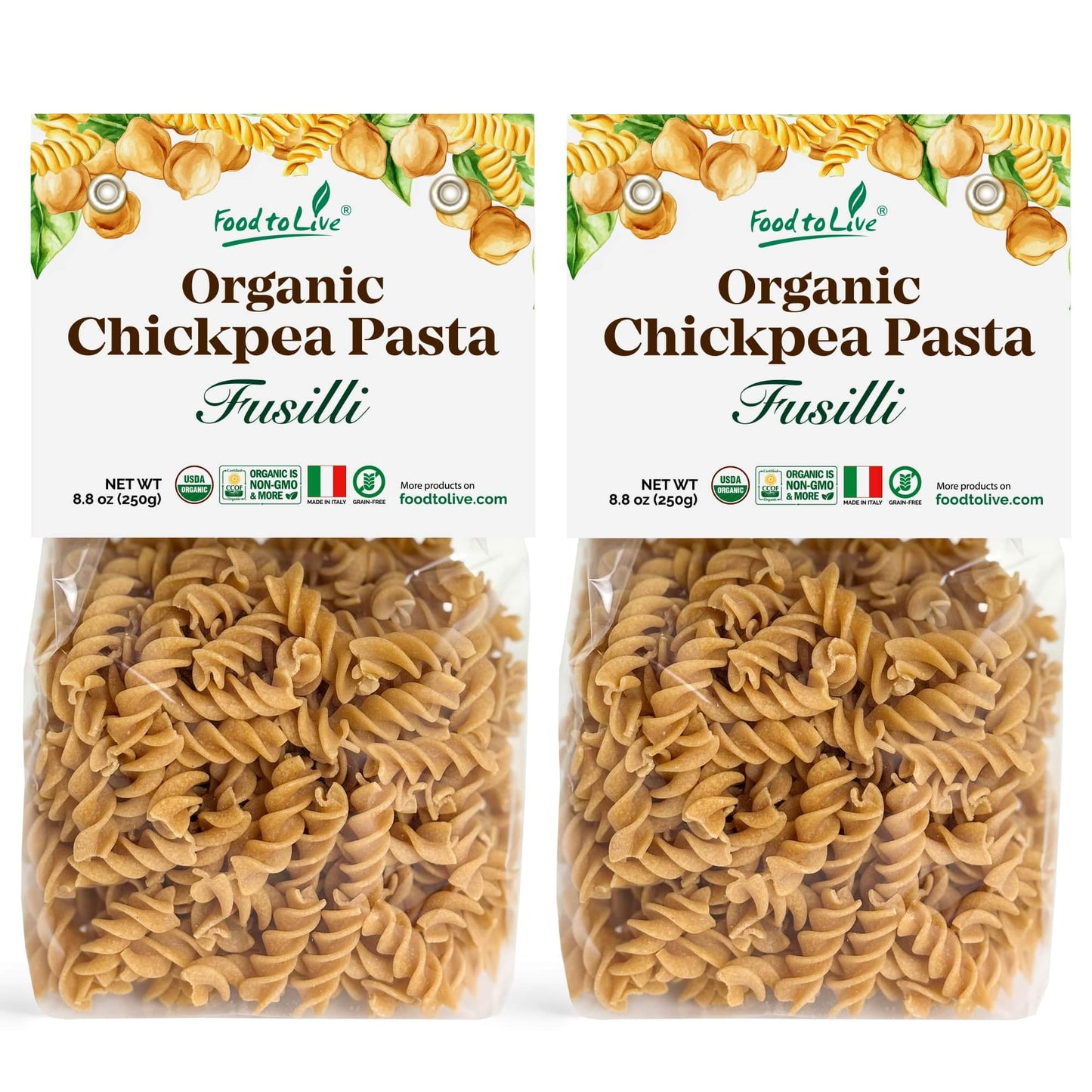 Food to Live Organic Chickpea Fusilli Pasta, 8.8 OZ (Pack of 2) - Non-GMO, Single Ingredient. No Additives. No Major Allergens. Good Source of Plant