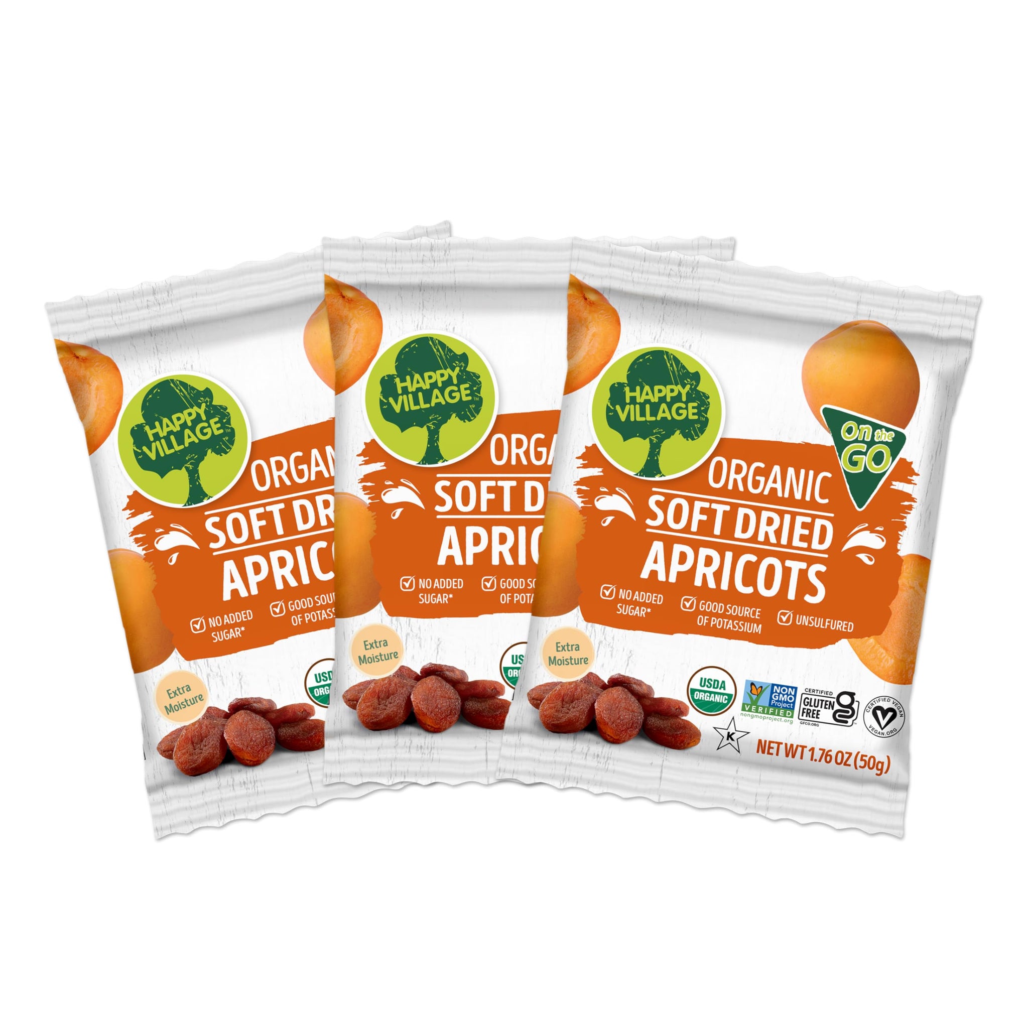 Happy Village Organic Soft Dried Apricots On the Go - 3 Bags (15 Individual Portion Packs) | Healthy, Organic, Non-GMO, Vegan, Kosher, Gluten-Free