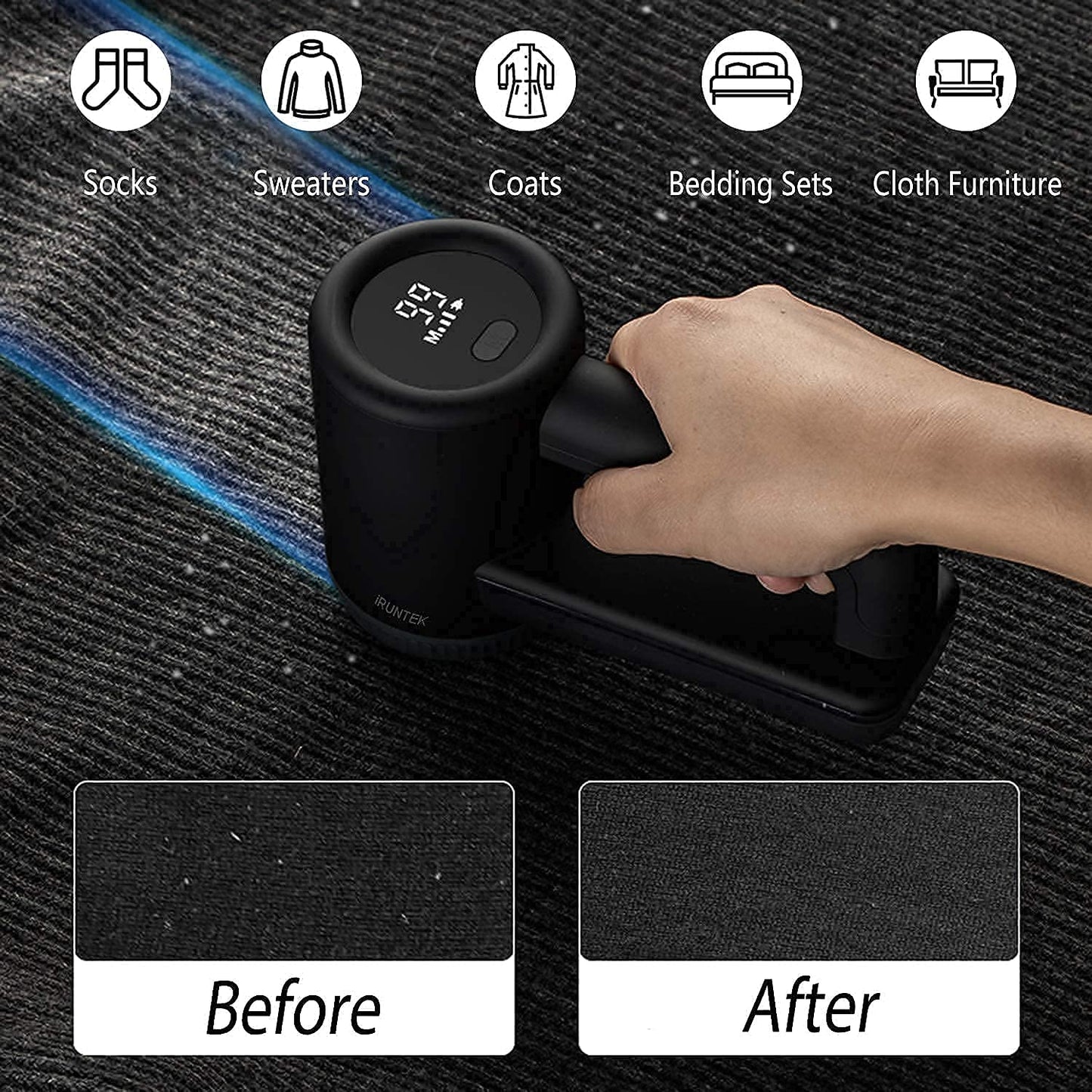iRUNTEK Rechargeable Fabric Shaver & Lint Remover?3-Speed Lint Shaver with LED Display & Type-C Fast Charging Port?Sweater Shaver with Large Lint