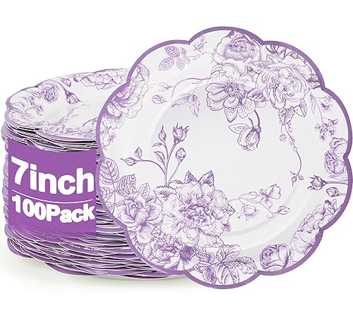 CENLBJ 100 Pcs Lavender Flower Paper Plates,Disposable Floral Party Plates Scalloped Dessert Plate for Wedding Birthday Baby Showers & Special Events