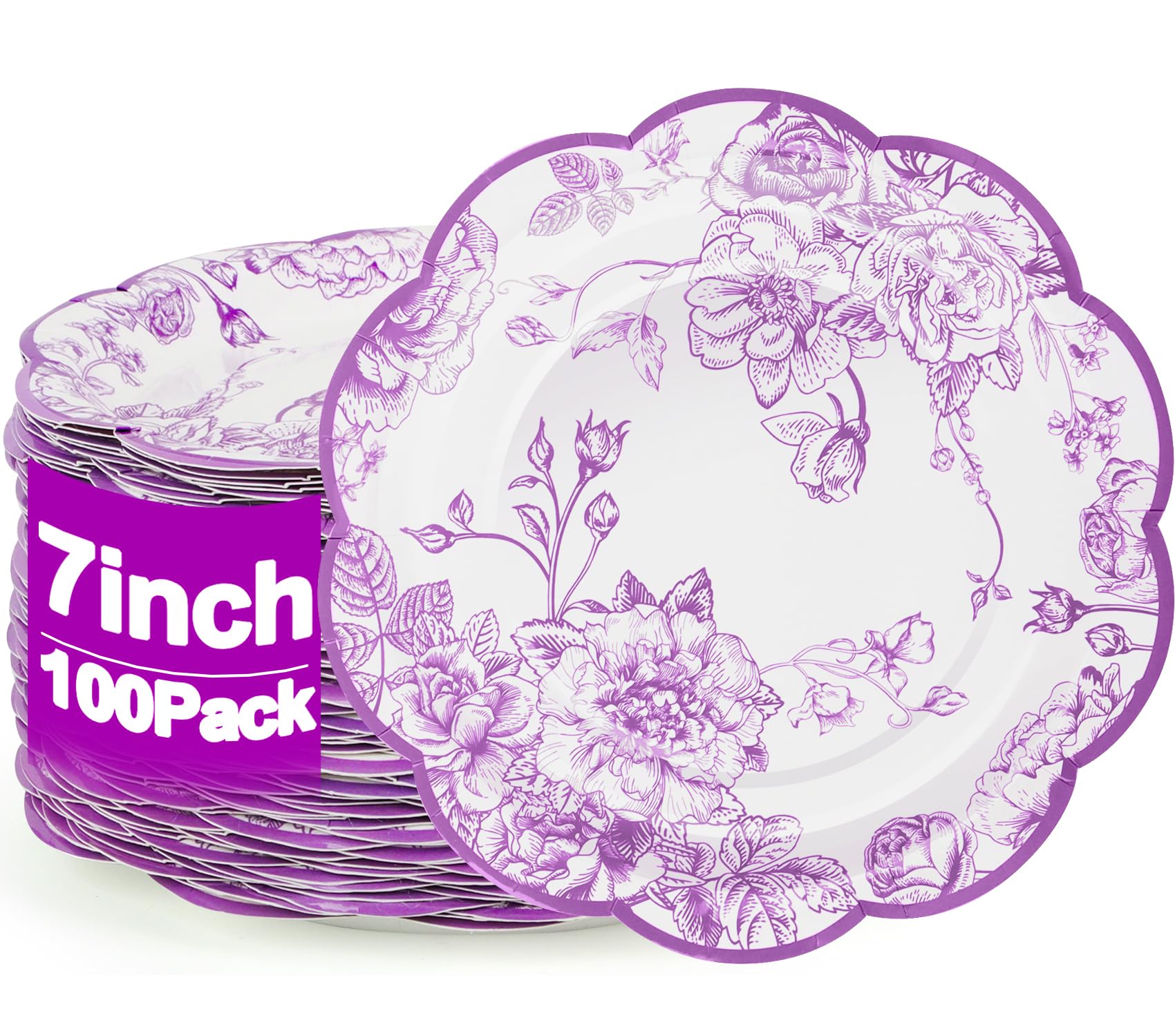 CENLBJ 100 Pcs Lavender Flower Paper Plates,Disposable Floral Party Plates Scalloped Dessert Plate for Wedding Birthday Baby Showers & Special Events
